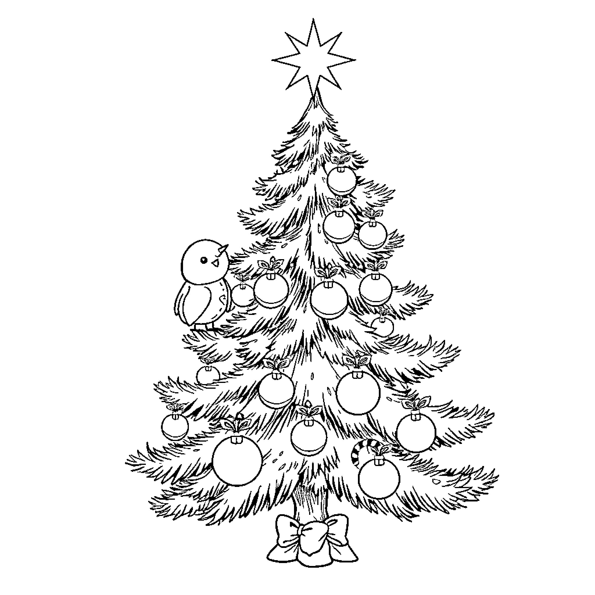 Sapin with ornaments and bird decorating for Christmas Coloring Page (free black-and-white line drawing printable PDF for all, from beginners to advanced learners, including children, teens, adults, and seniors)