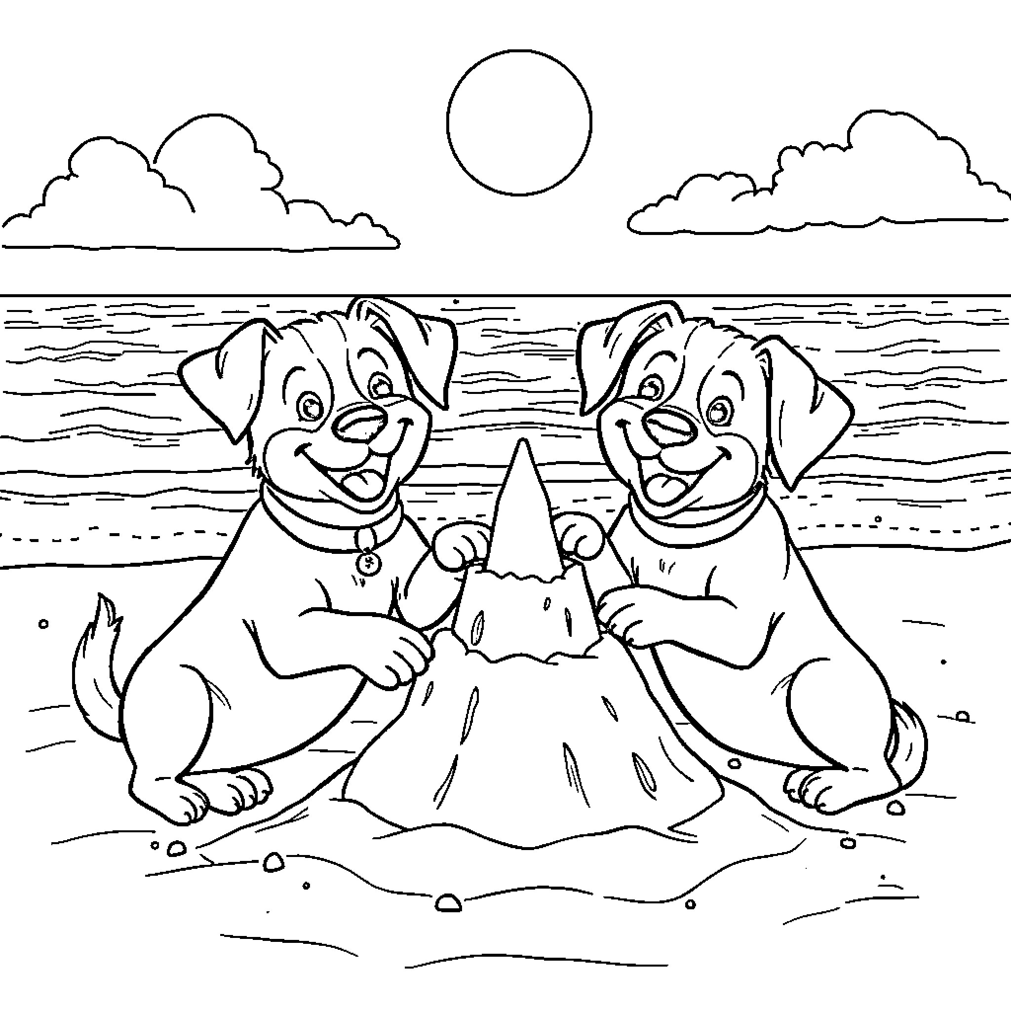Dogs playing with sand castle on the beach Coloring Page (free black-and-white line drawing printable PDF for all, from beginners to advanced learners, including children, teens, adults, and seniors)