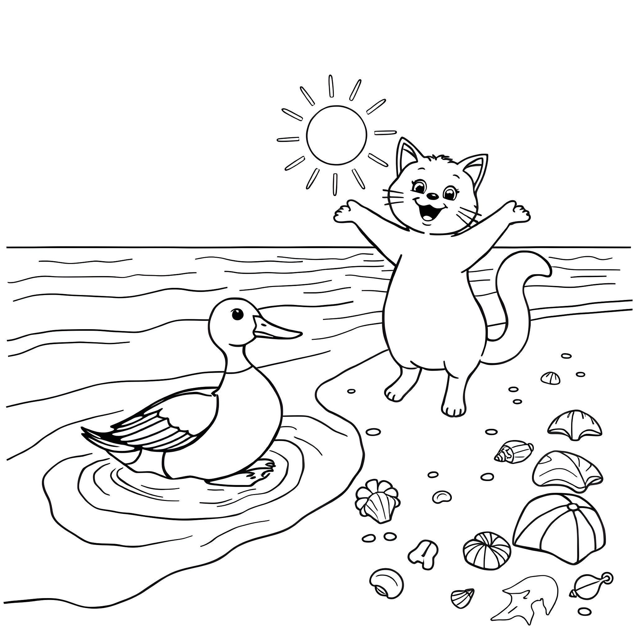 Duck and Cat Enjoying the Sunny Beach Coloring Page (free black-and-white line drawing printable PDF for all, from beginners to advanced learners, including children, teens, adults, and seniors)