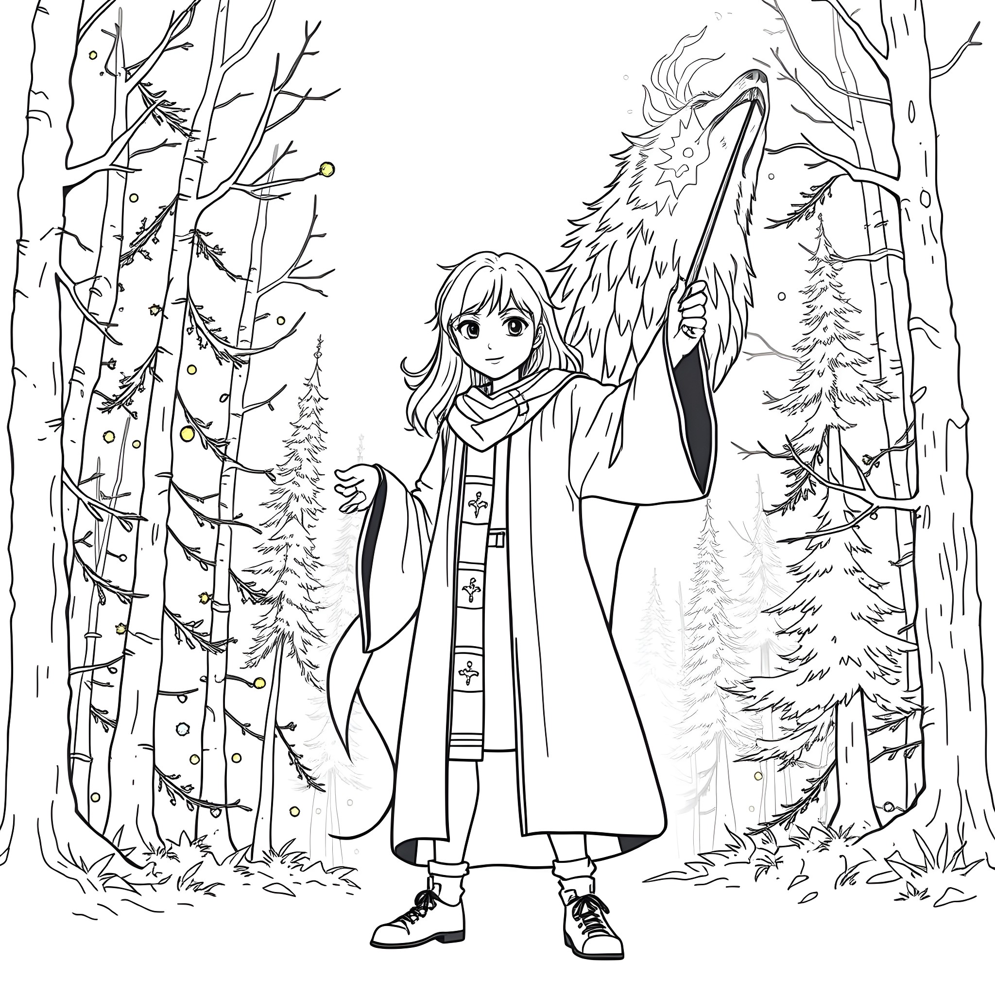 Teen Girl in Wintery Forest with Ethereal Presence Coloring Page (free black-and-white line drawing printable PDF for all, from beginners to advanced learners, including children, teens, adults, and seniors)
