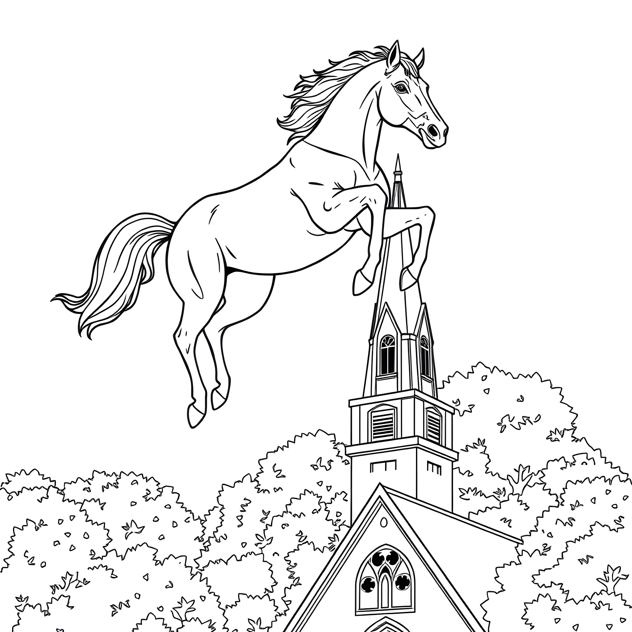 Racehorse jumping over a church steeple Coloring Page (free black-and-white line drawing printable PDF for all, from beginners to advanced learners, including children, teens, adults, and seniors)