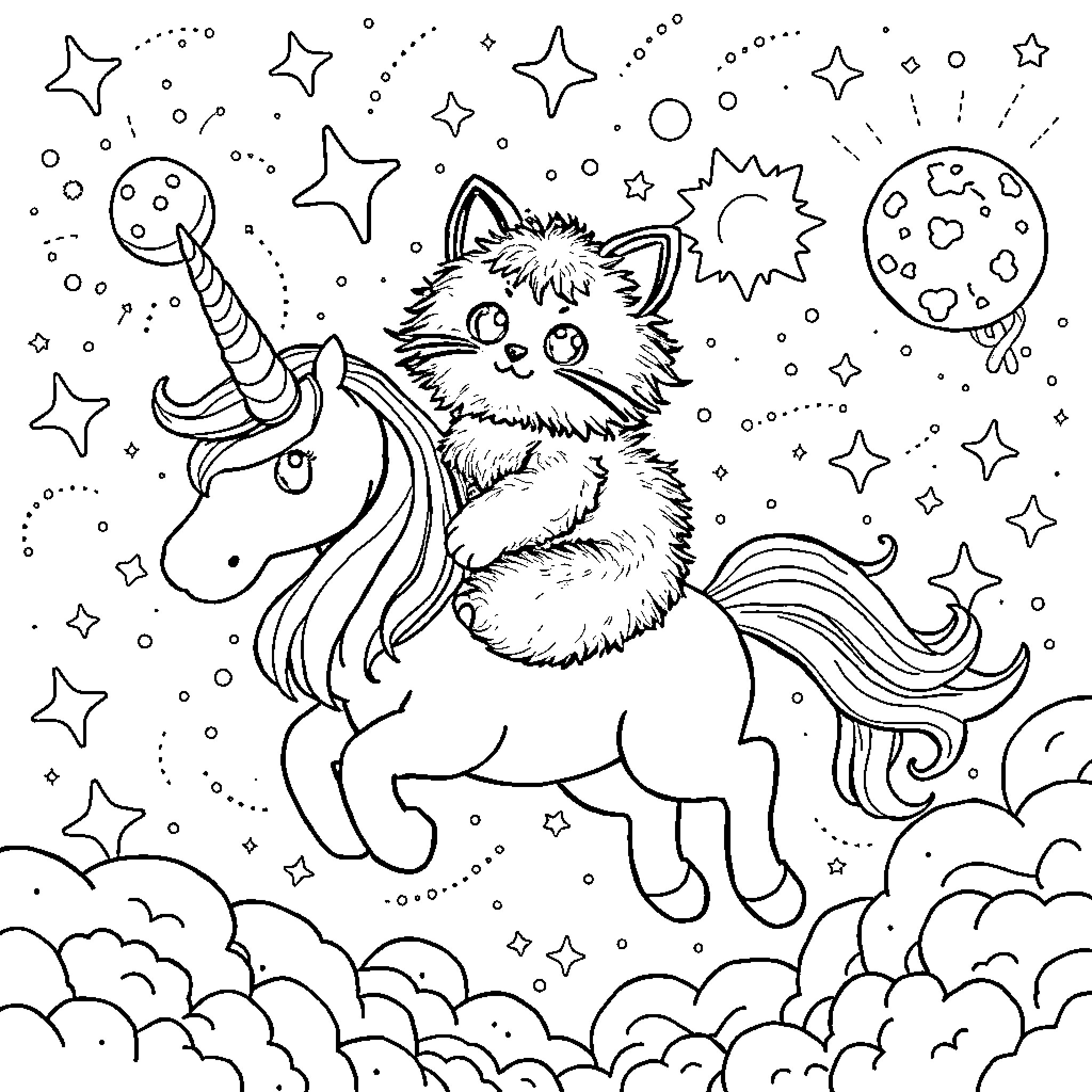 Kitty riding a magical unicorn in the starry night Coloring Page (free black-and-white line drawing printable PDF for all, from beginners to advanced learners, including children, teens, adults, and seniors)