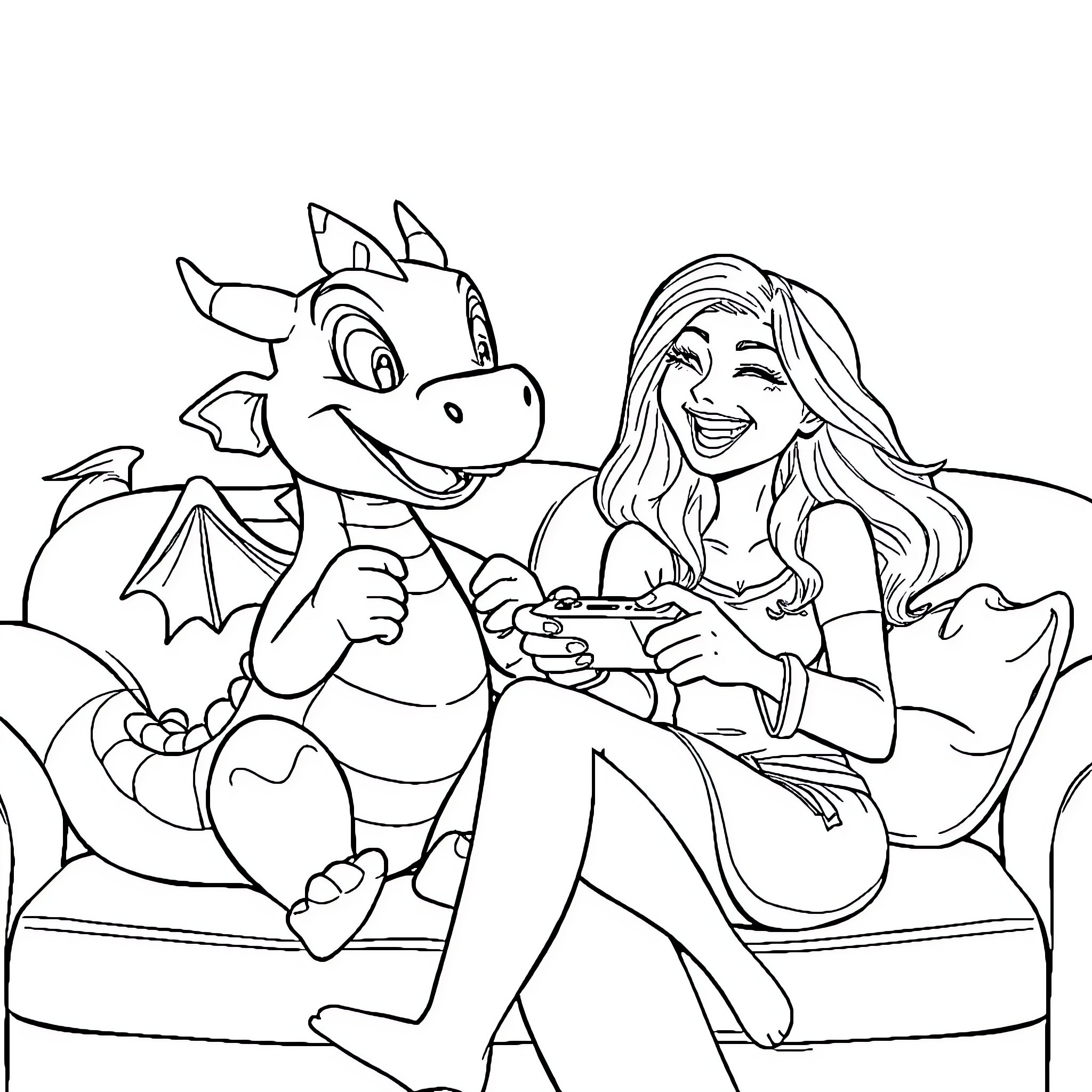 Dragon playing video game with woman on couch Coloring Page (free black-and-white line drawing printable PDF for all, from beginners to advanced learners, including children, teens, adults, and seniors)