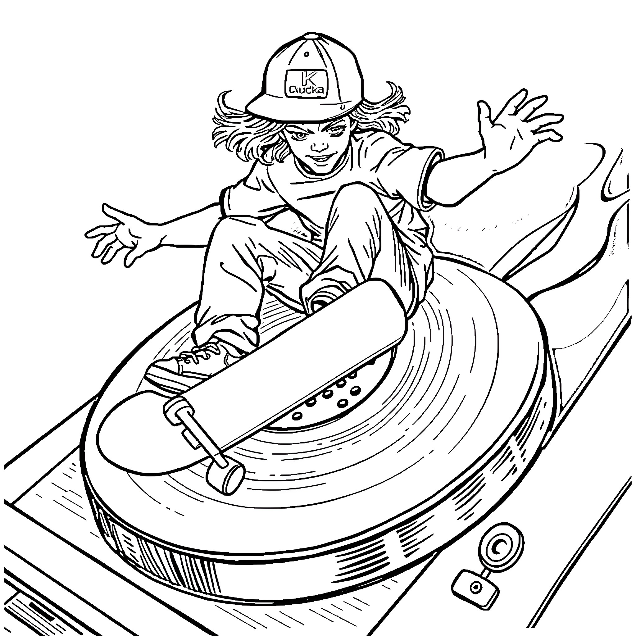 Chad Muska Performing Skateboard Tricks Coloring Page (free black-and-white line drawing printable PDF for all, from beginners to advanced learners, including children, teens, adults, and seniors)
