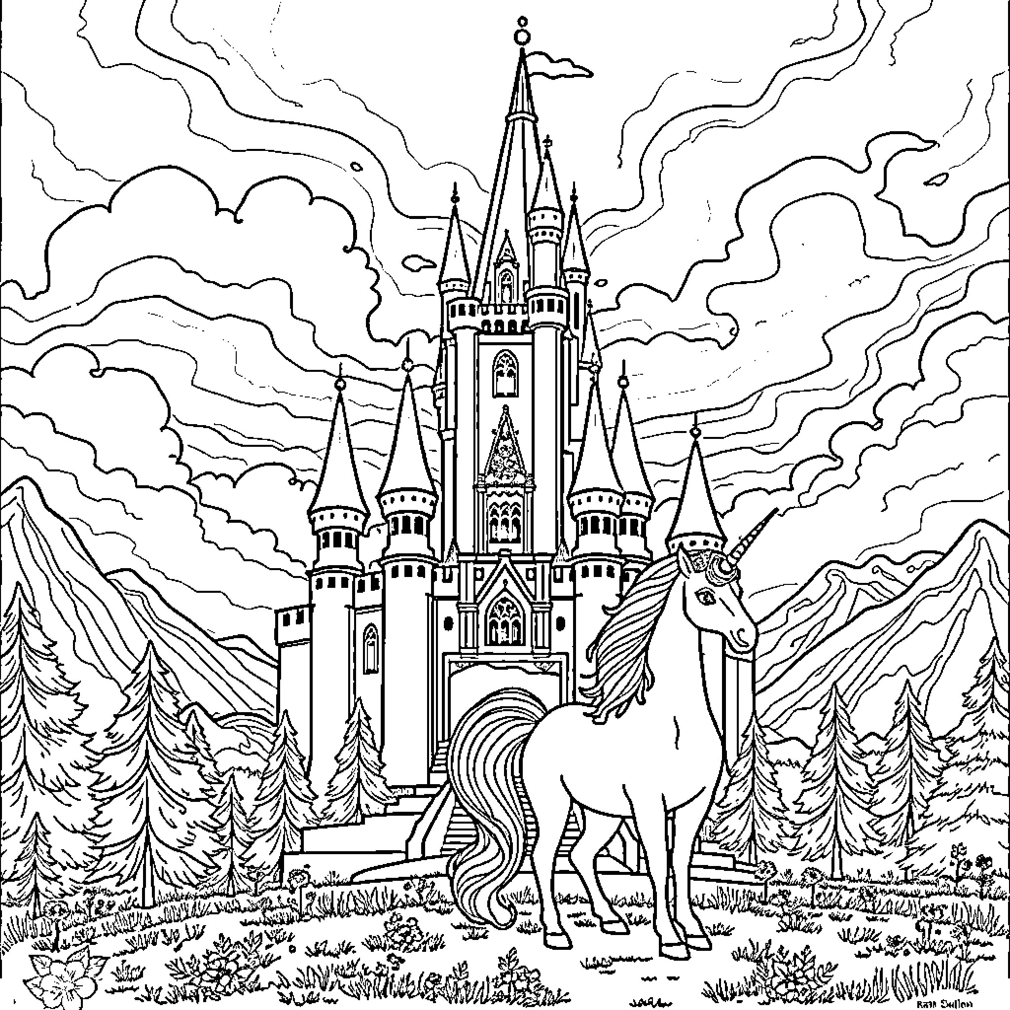 Castle of Enchantment with Majestic Unicorn Coloring Page (free black-and-white line drawing printable PDF for all, from beginners to advanced learners, including children, teens, adults, and seniors)