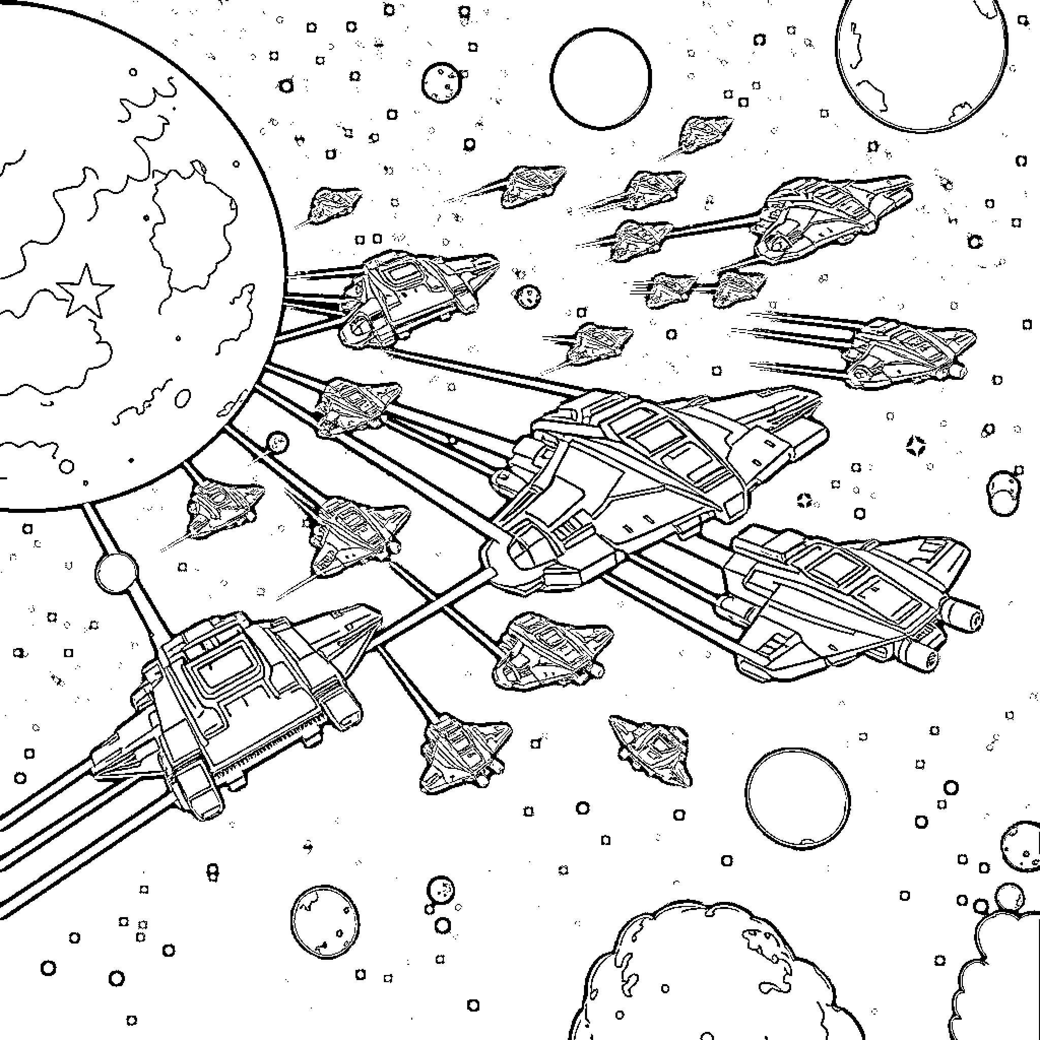 Space Fleet Engaged in Interstellar Battle Coloring Page (free black-and-white line drawing printable PDF for all, from beginners to advanced learners, including children, teens, adults, and seniors)