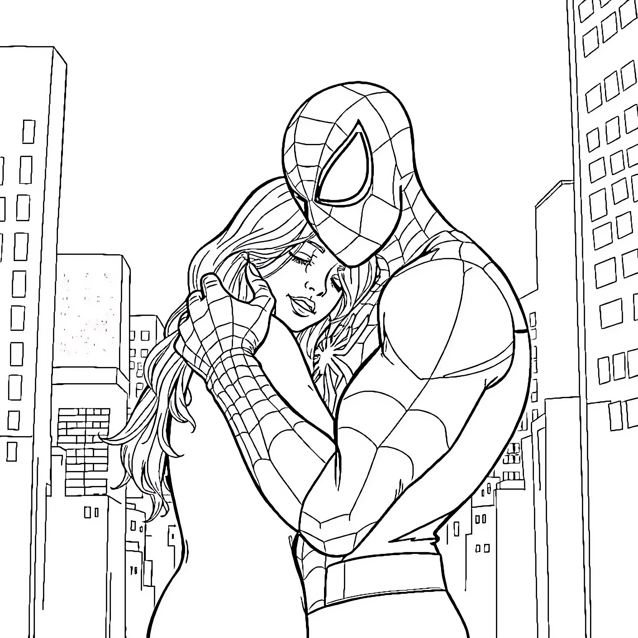 Spiderman embracing female companion in the city Coloring Page (free black-and-white line drawing printable PDF for all, from beginners to advanced learners, including children, teens, adults, and seniors)