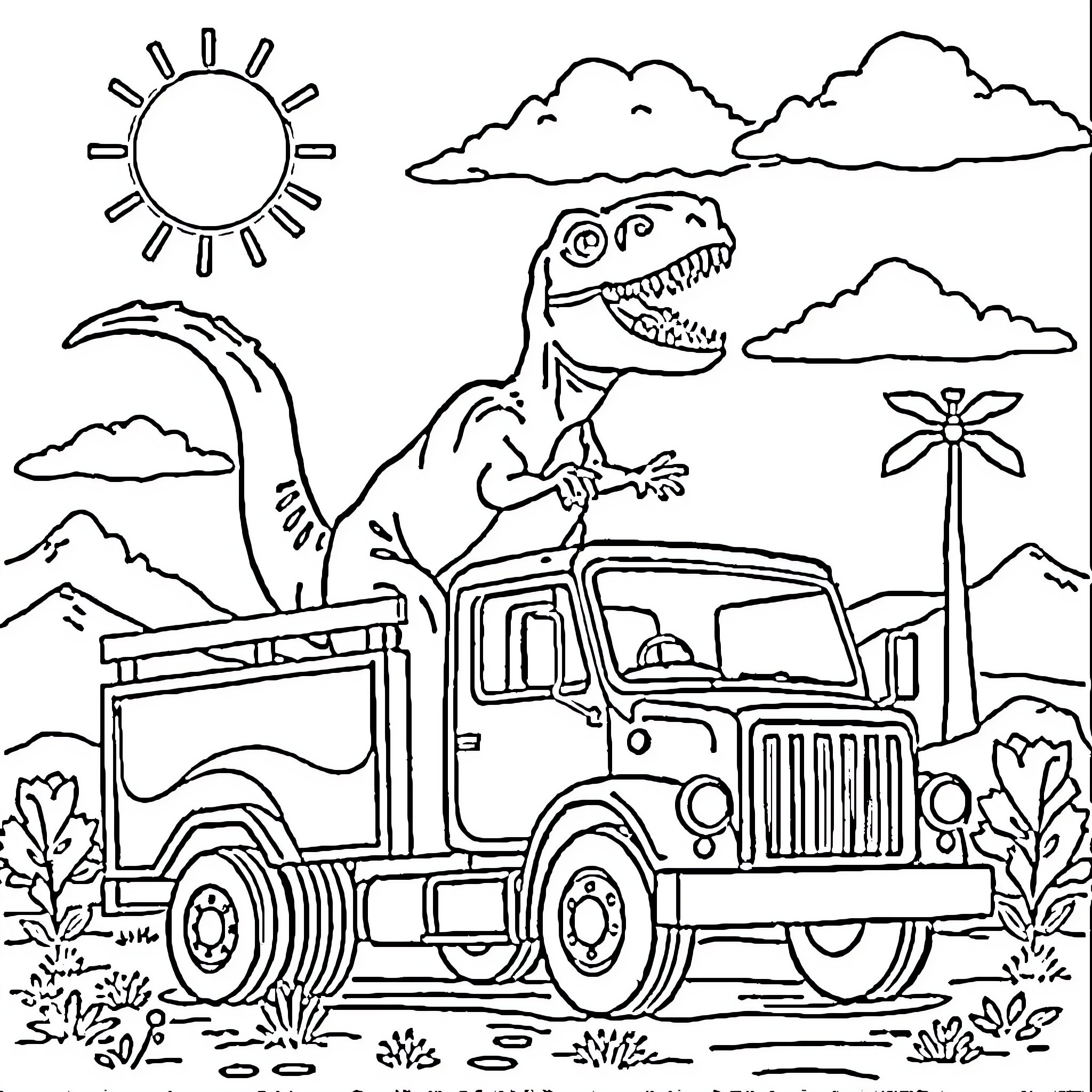 Dinosaur rides truck in scenic landscape Coloring Page (free black-and-white line drawing printable PDF for all, from beginners to advanced learners, including children, teens, adults, and seniors)