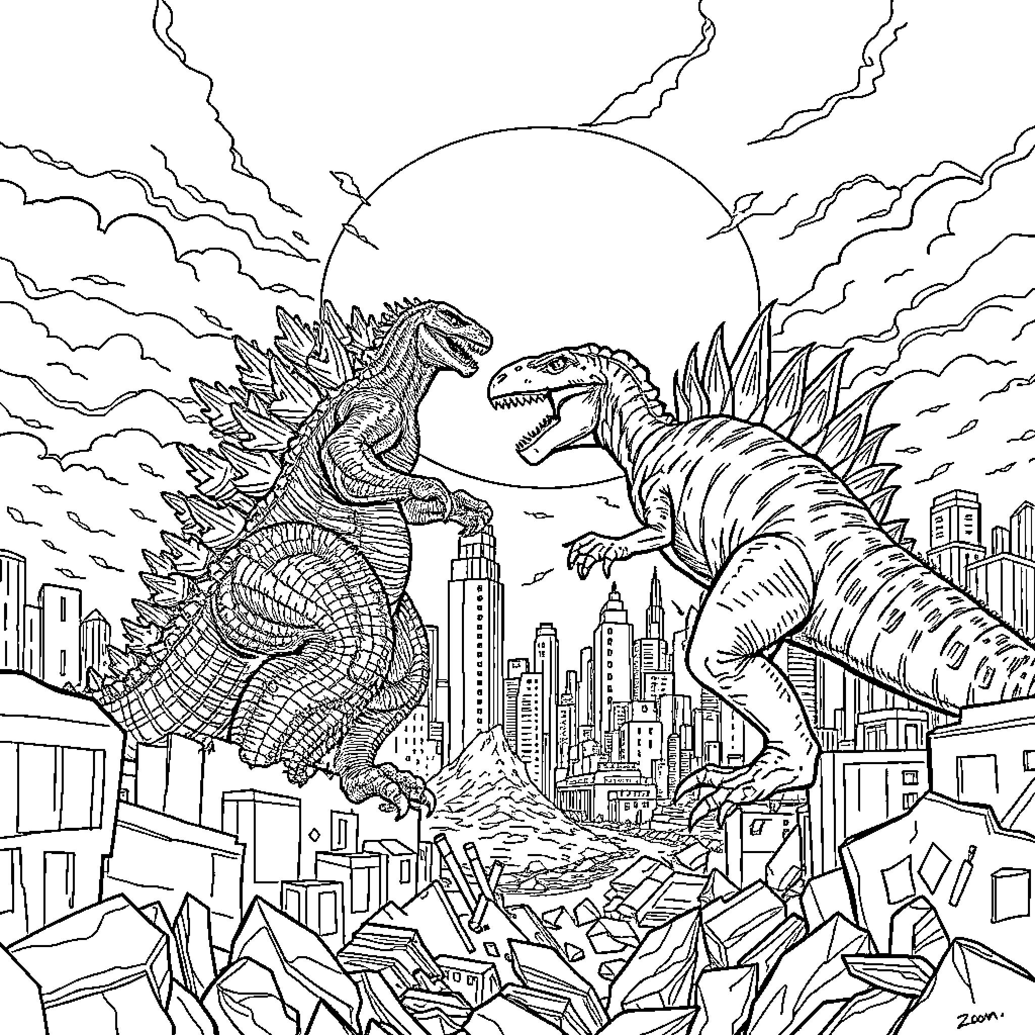 Godzilla vs. Kaiju Destruction in Cityscape Coloring Page (free black-and-white line drawing printable PDF for all, from beginners to advanced learners, including children, teens, adults, and seniors)