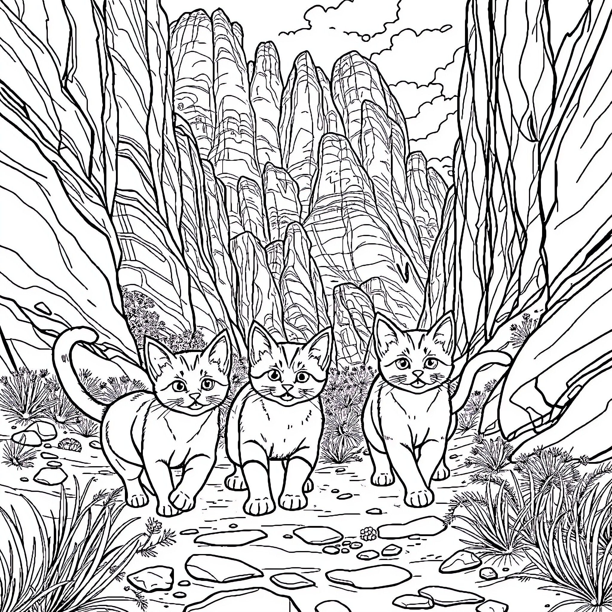 Cats exploring the rocky landscape Coloring Page (free black-and-white line drawing printable PDF for all, from beginners to advanced learners, including children, teens, adults, and seniors)