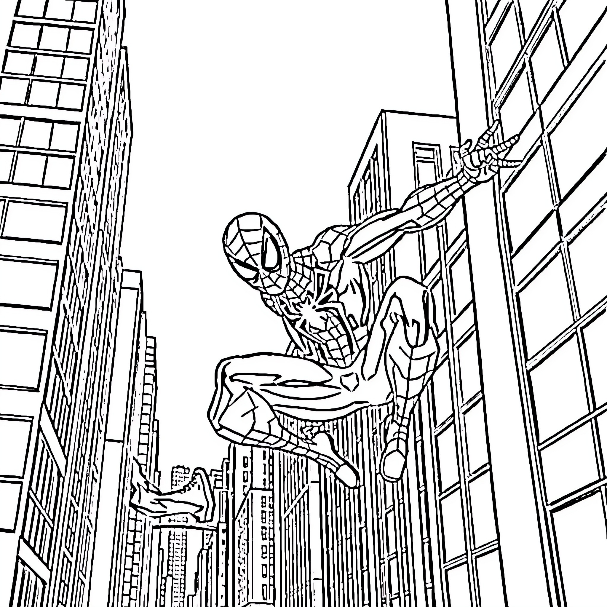 Spiderman swinging through the city skyline Coloring Page (free black-and-white line drawing printable PDF for all, from beginners to advanced learners, including children, teens, adults, and seniors)