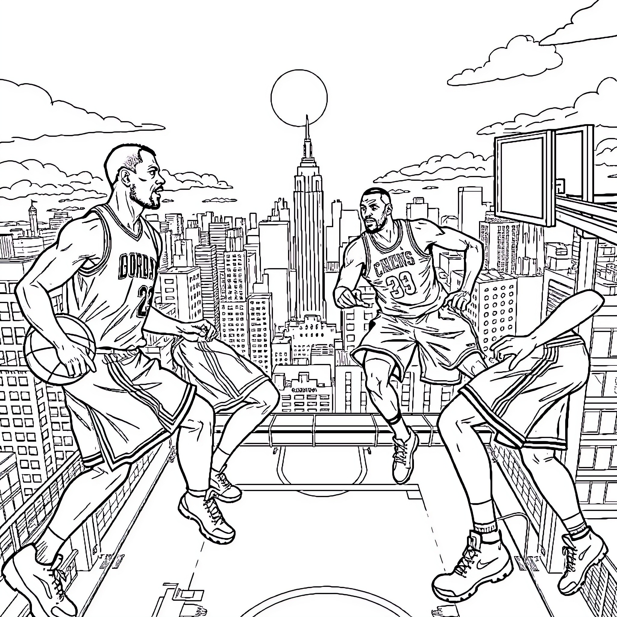 Basketball players competing on a rooftop court in the city Coloring Page (free black-and-white line drawing printable PDF for all, from beginners to advanced learners, including children, teens, adults, and seniors)