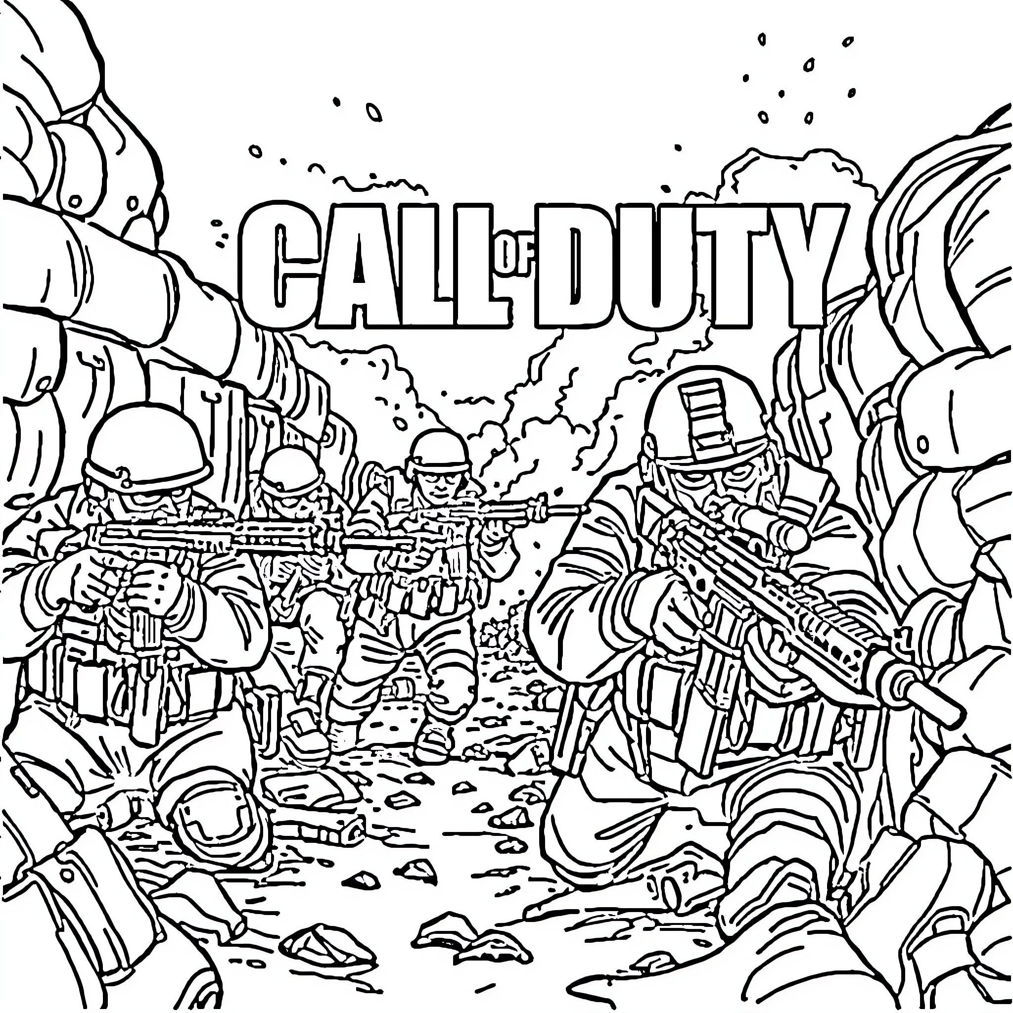 Call of Duty: Soldiers in Action Amid Destruction Coloring Page (free black-and-white line drawing printable PDF for all, from beginners to advanced learners, including children, teens, adults, and seniors)