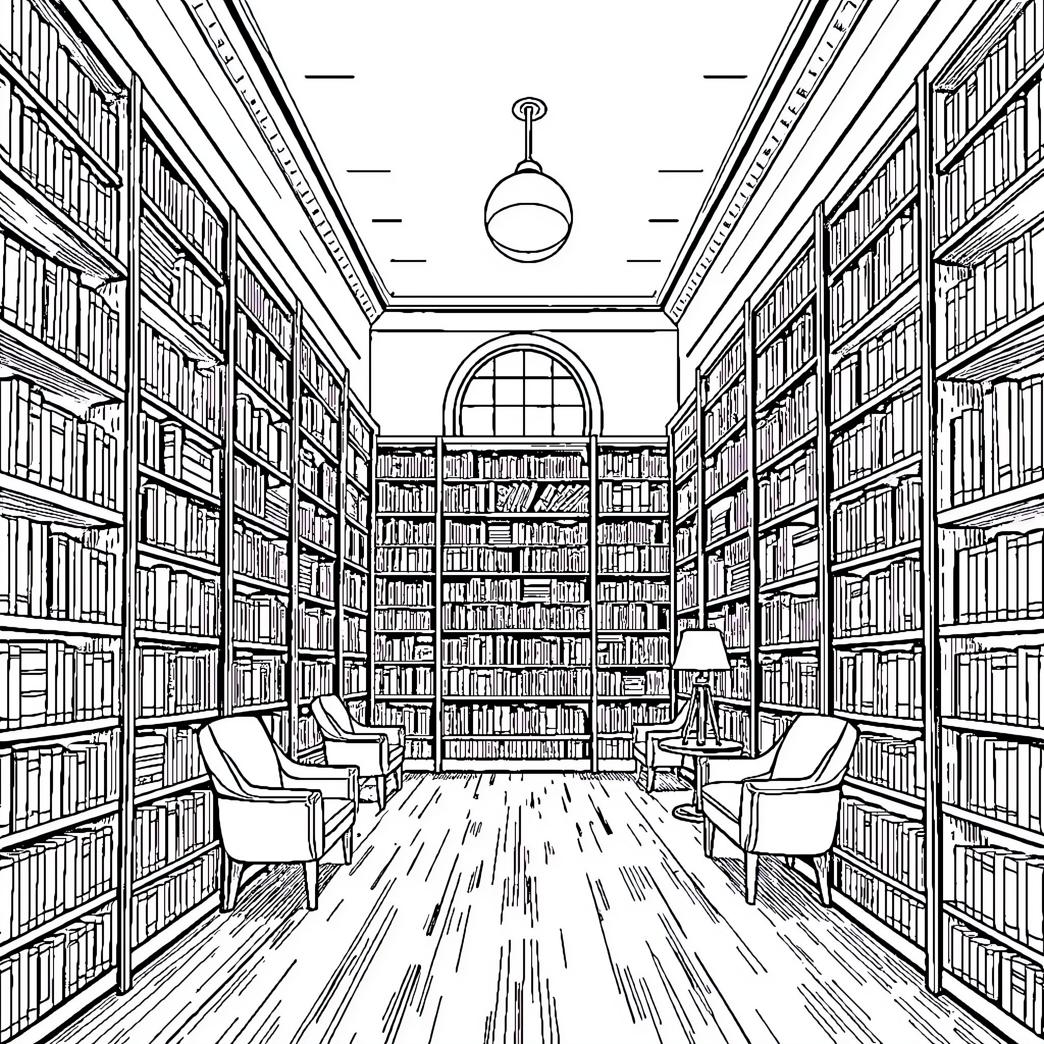 Library filled with bookshelves and reading chairs Coloring Page (free black-and-white line drawing printable PDF for all, from beginners to advanced learners, including children, teens, adults, and seniors)