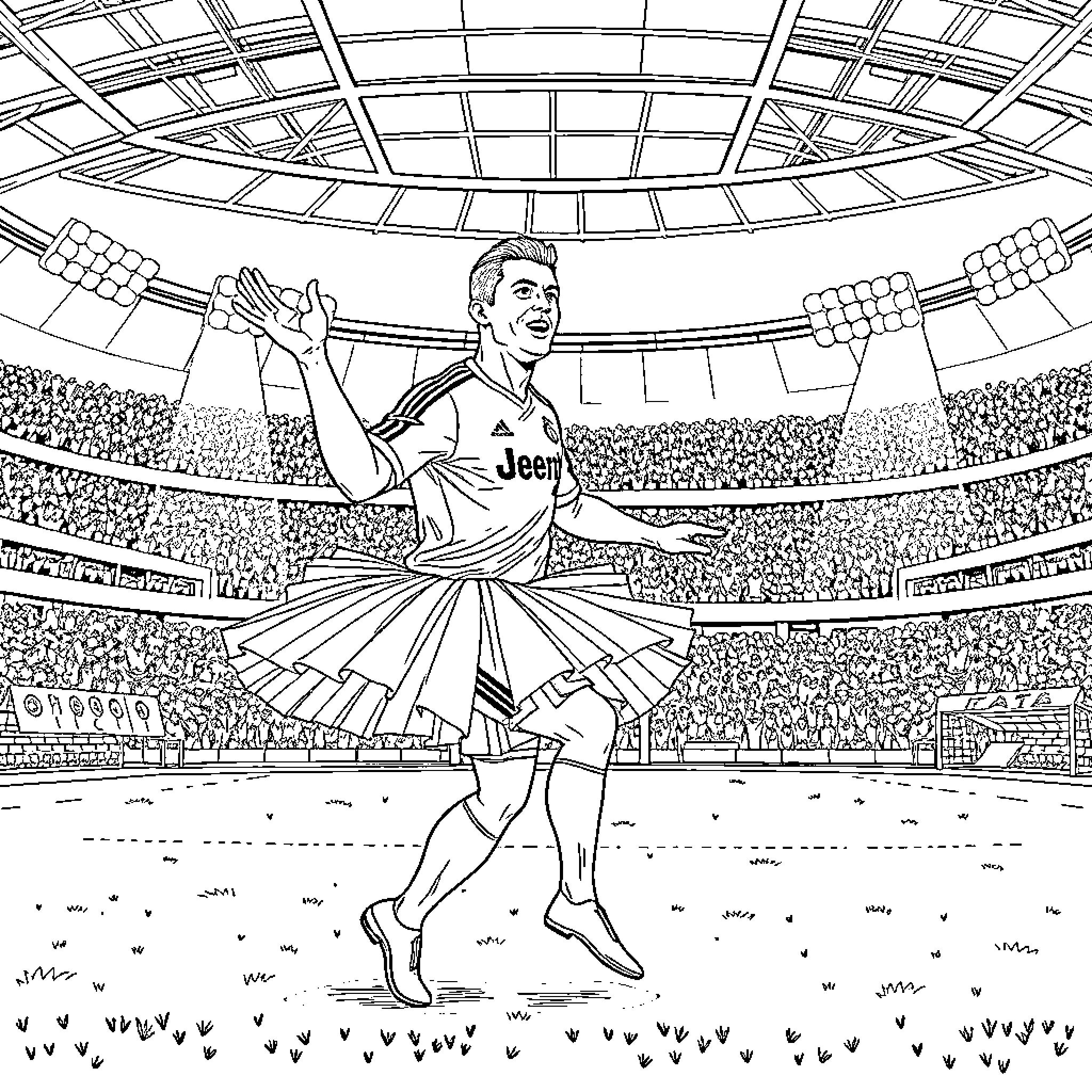 Ronaldo celebrating victory on the football pitch Coloring Page (free black-and-white line drawing printable PDF for all, from beginners to advanced learners, including children, teens, adults, and seniors)