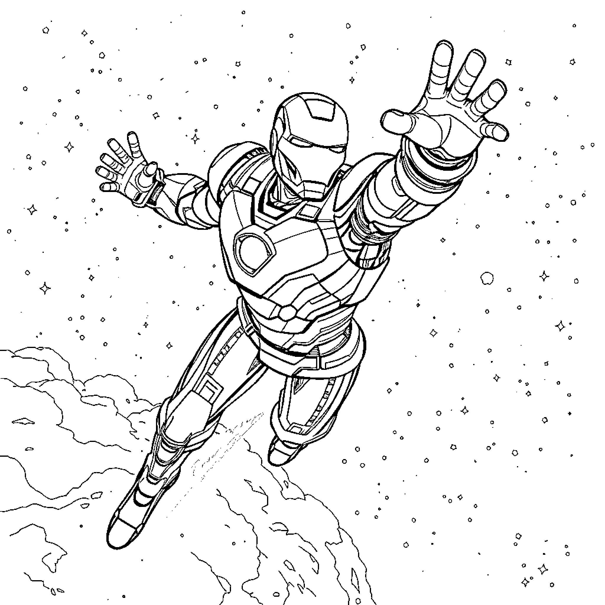 Ironman soaring through space with cosmic background Coloring Page (free black-and-white line drawing printable PDF for all, from beginners to advanced learners, including children, teens, adults, and seniors)