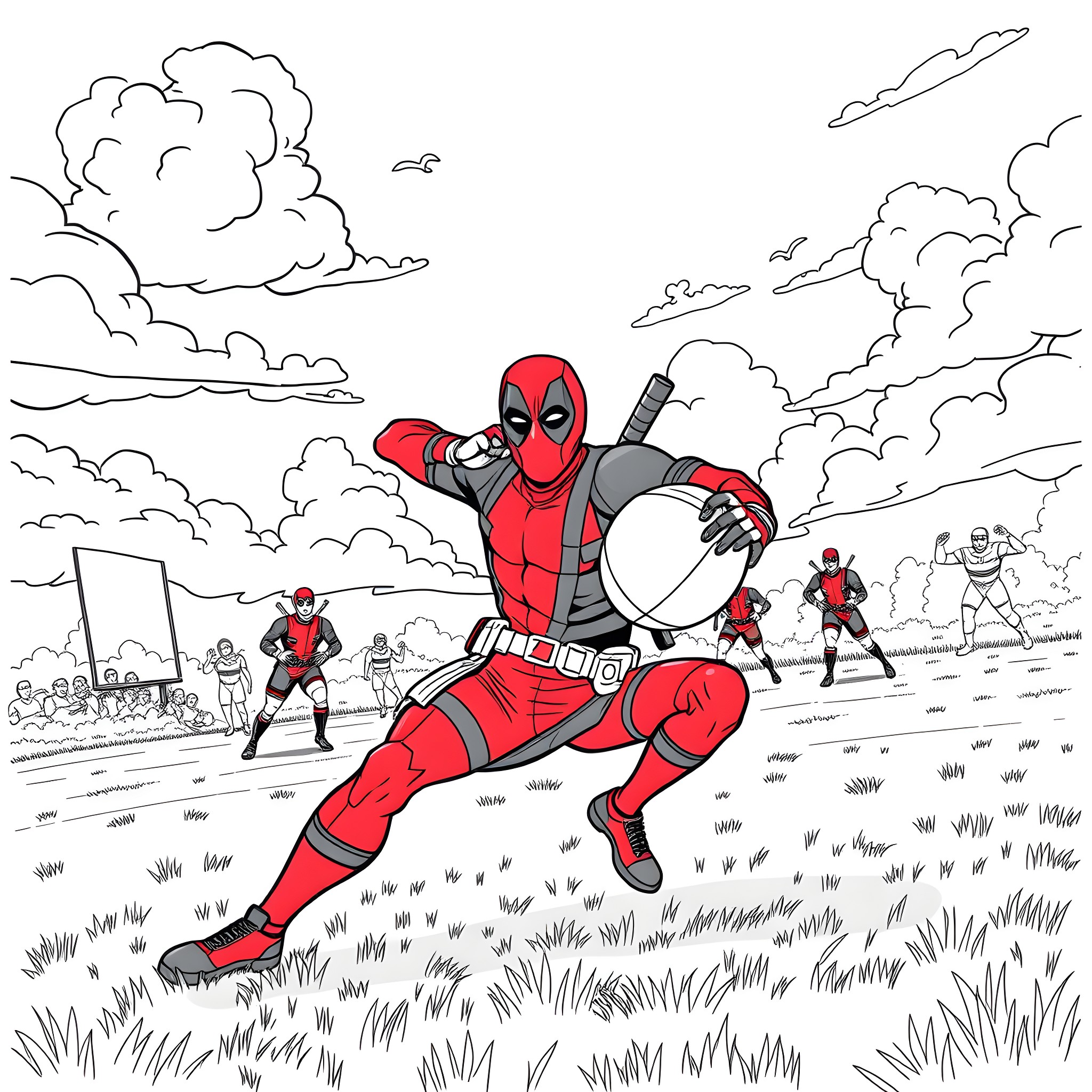Deadpool's Explosive Adventure in the Grassy Field Coloring Page (free black-and-white line drawing printable PDF for all, from beginners to advanced learners, including children, teens, adults, and seniors)