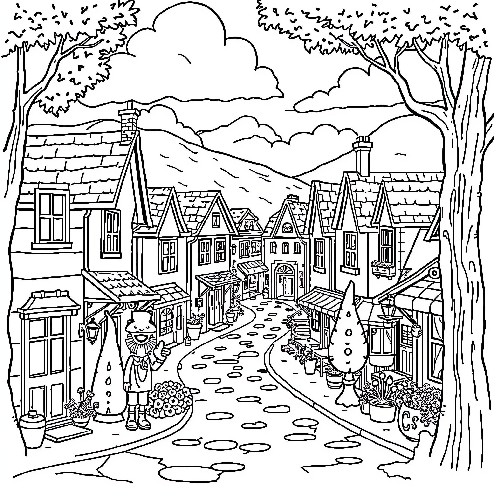 Spoonville - Whimsical village scene with unique characters Coloring Page (free black-and-white line drawing printable PDF for all, from beginners to advanced learners, including children, teens, adults, and seniors)