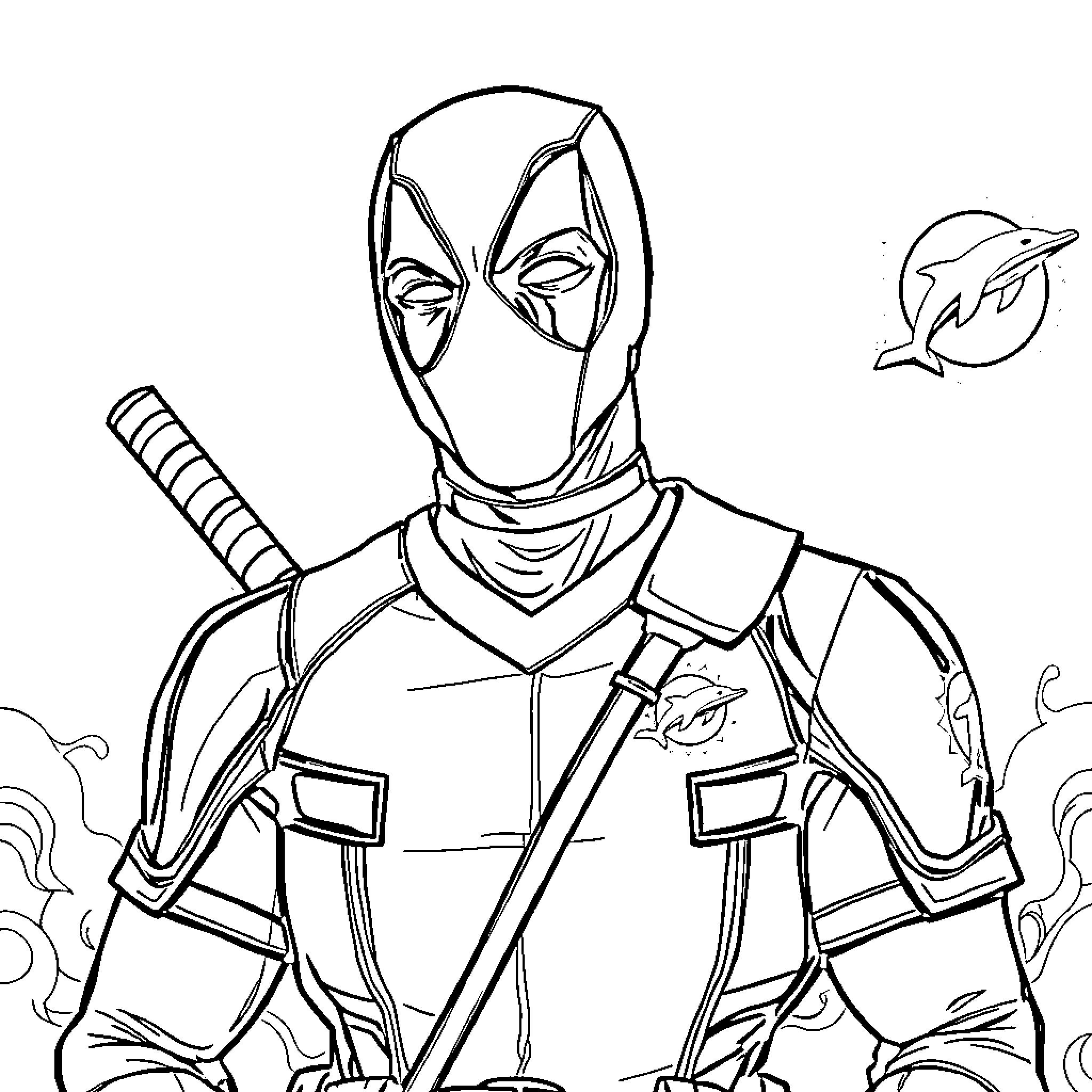 Deadpool in action-packed heroic pose Coloring Page (free black-and-white line drawing printable PDF for all, from beginners to advanced learners, including children, teens, adults, and seniors)