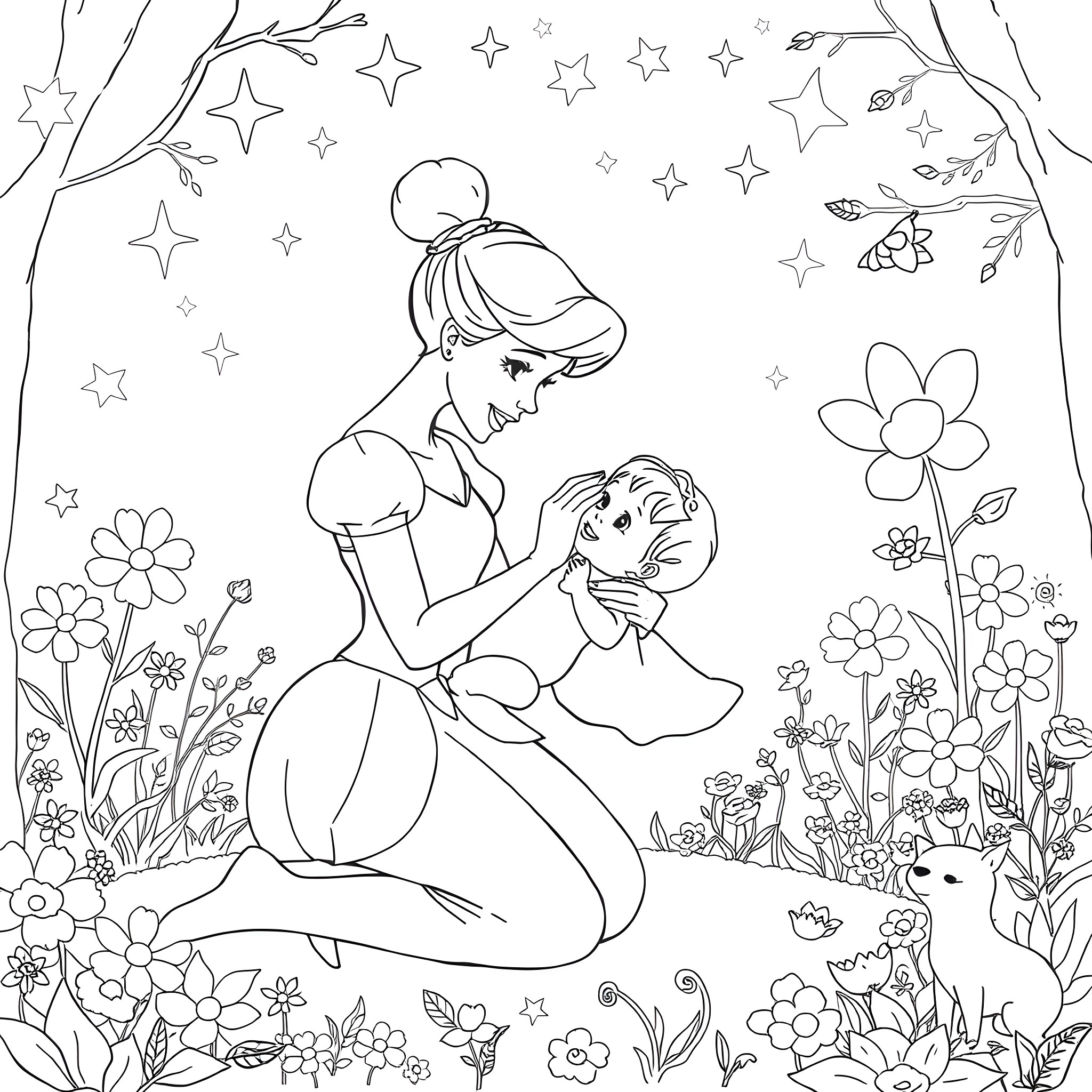 Cinderella dancing with prince in enchanted forest Coloring Page (free black-and-white line drawing printable PDF for all, from beginners to advanced learners, including children, teens, adults, and seniors)