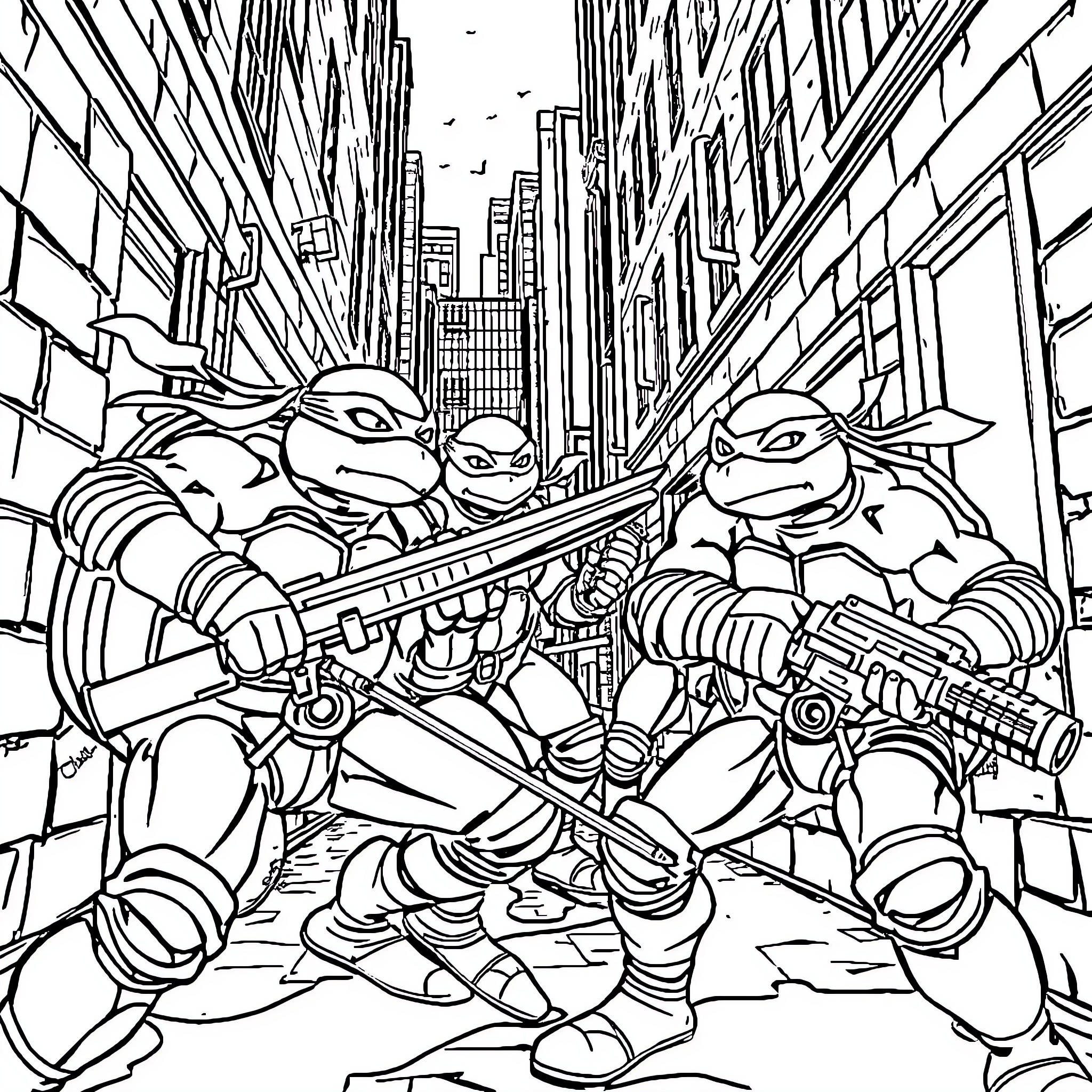 Teenage Mutant Ninja Turtles fighting in the city streets Coloring Page (free black-and-white line drawing printable PDF for all, from beginners to advanced learners, including children, teens, adults, and seniors)