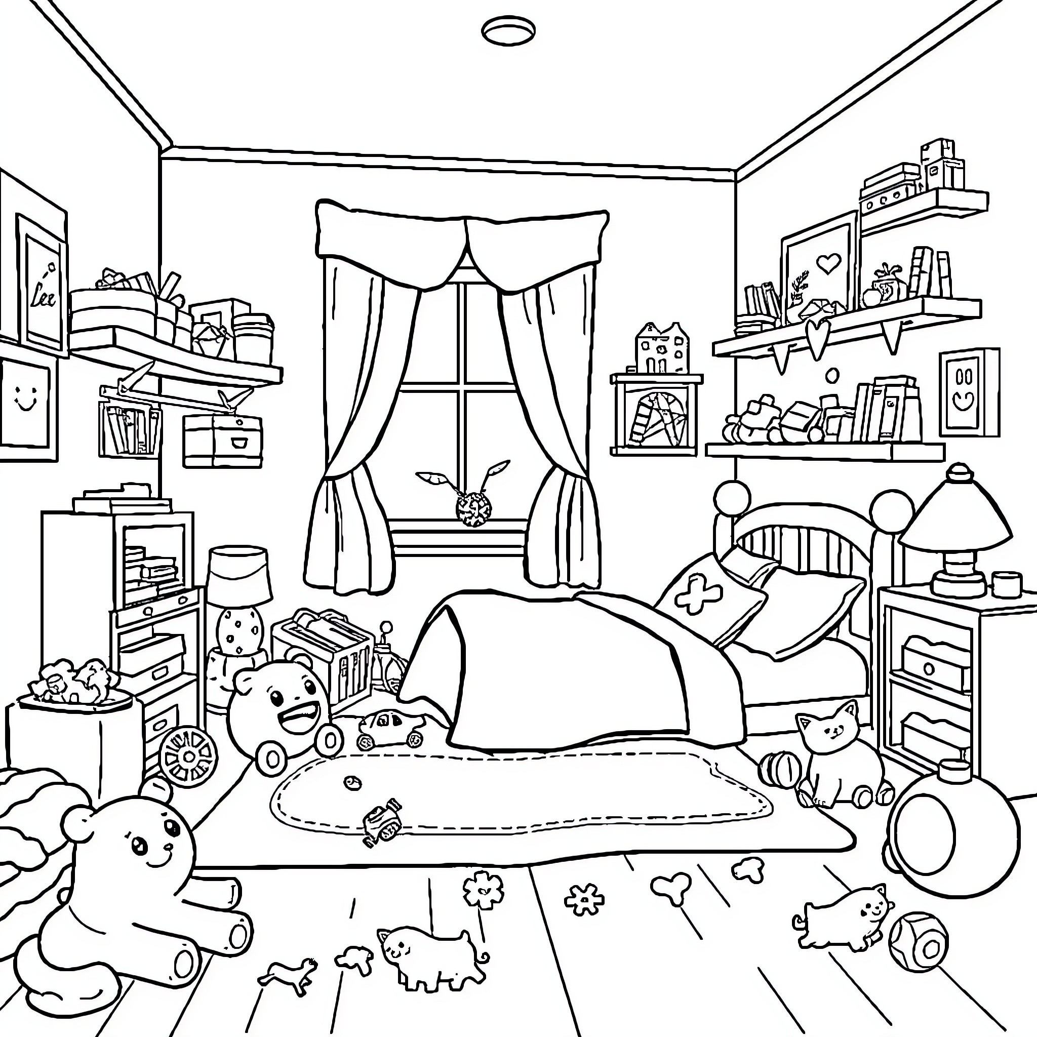 Bluey's Cozy Bedroom Adventure Coloring Page (free black-and-white line drawing printable PDF for all, from beginners to advanced learners, including children, teens, adults, and seniors)