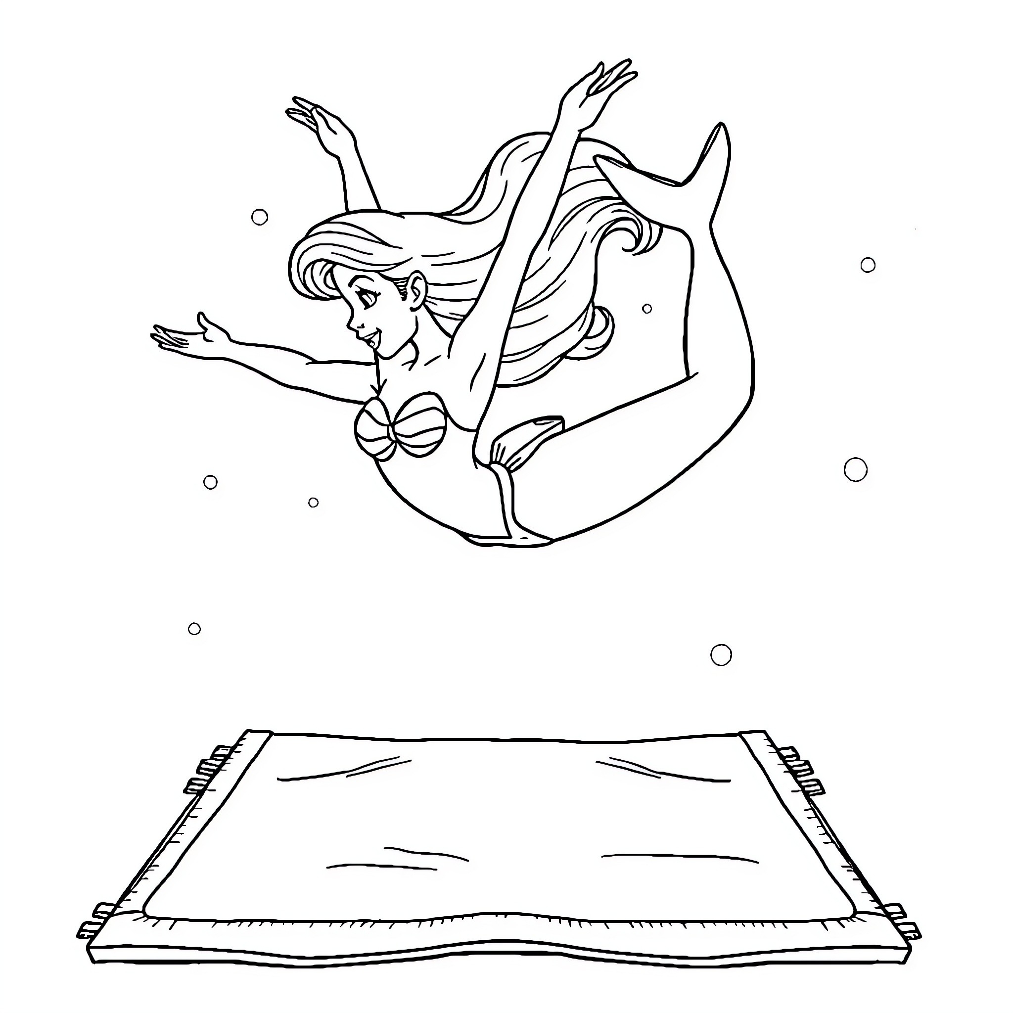 Ariel swimming gracefully in the ocean Coloring Page (free black-and-white line drawing printable PDF for all, from beginners to advanced learners, including children, teens, adults, and seniors)