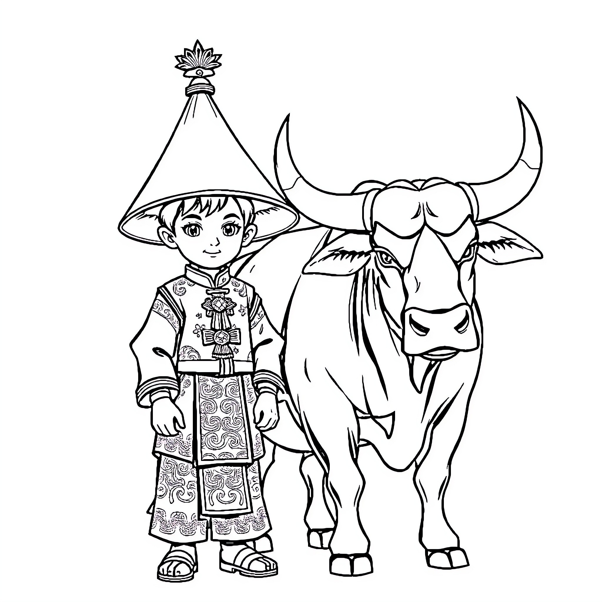 Boy in traditional costume and ox Coloring Page (free black-and-white line drawing printable PDF for all, from beginners to advanced learners, including children, teens, adults, and seniors)