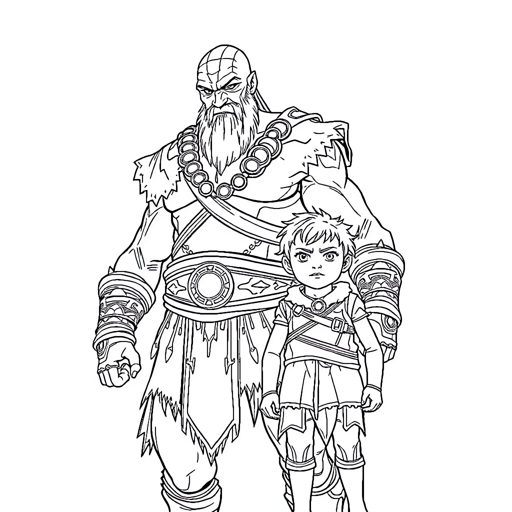 Kratos and Atreus in action-packed adventure Coloring Page (free black-and-white line drawing printable PDF for all, from beginners to advanced learners, including children, teens, adults, and seniors)