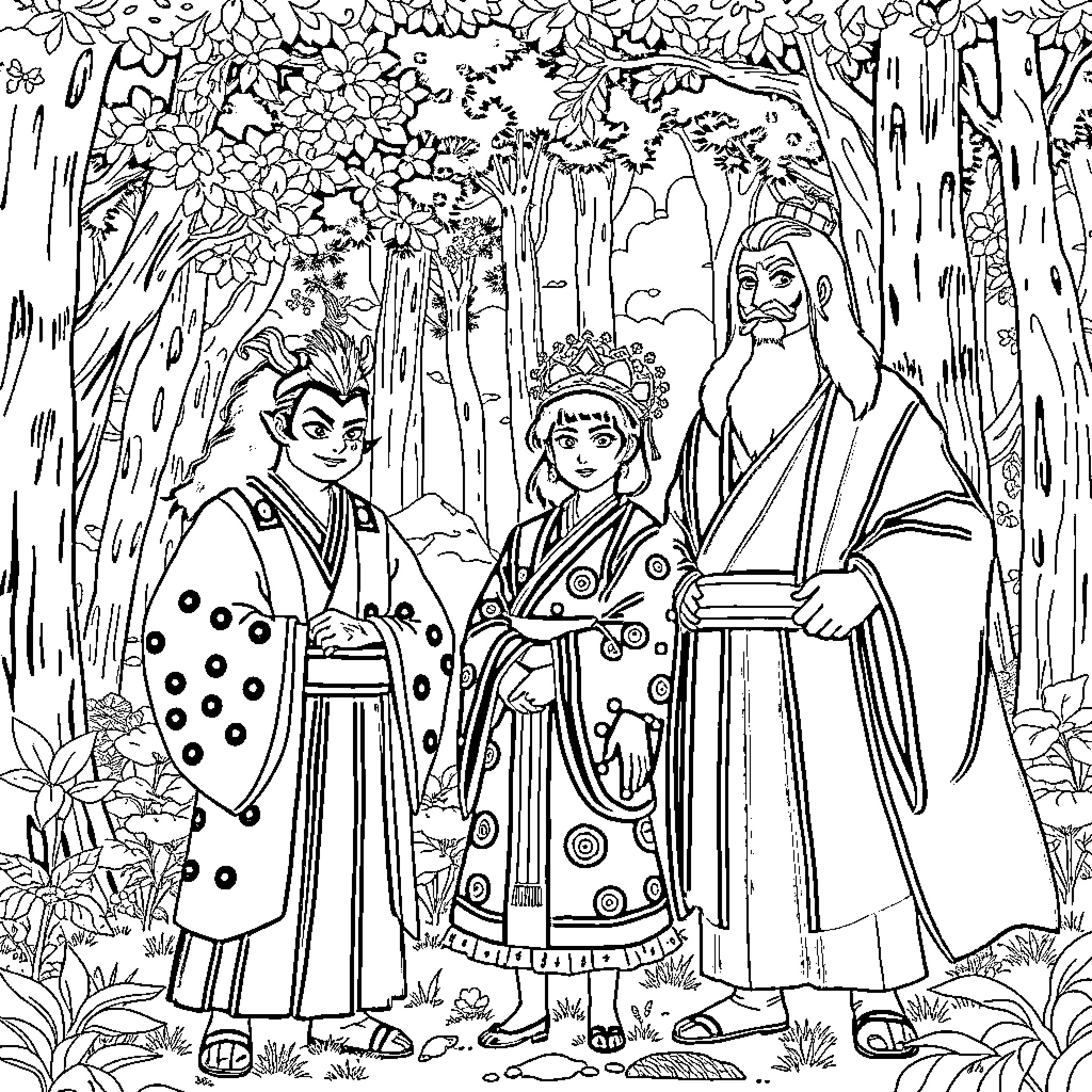 Tanjuro's Enchanted Forest Adventure Coloring Page (free black-and-white line drawing printable PDF for all, from beginners to advanced learners, including children, teens, adults, and seniors)