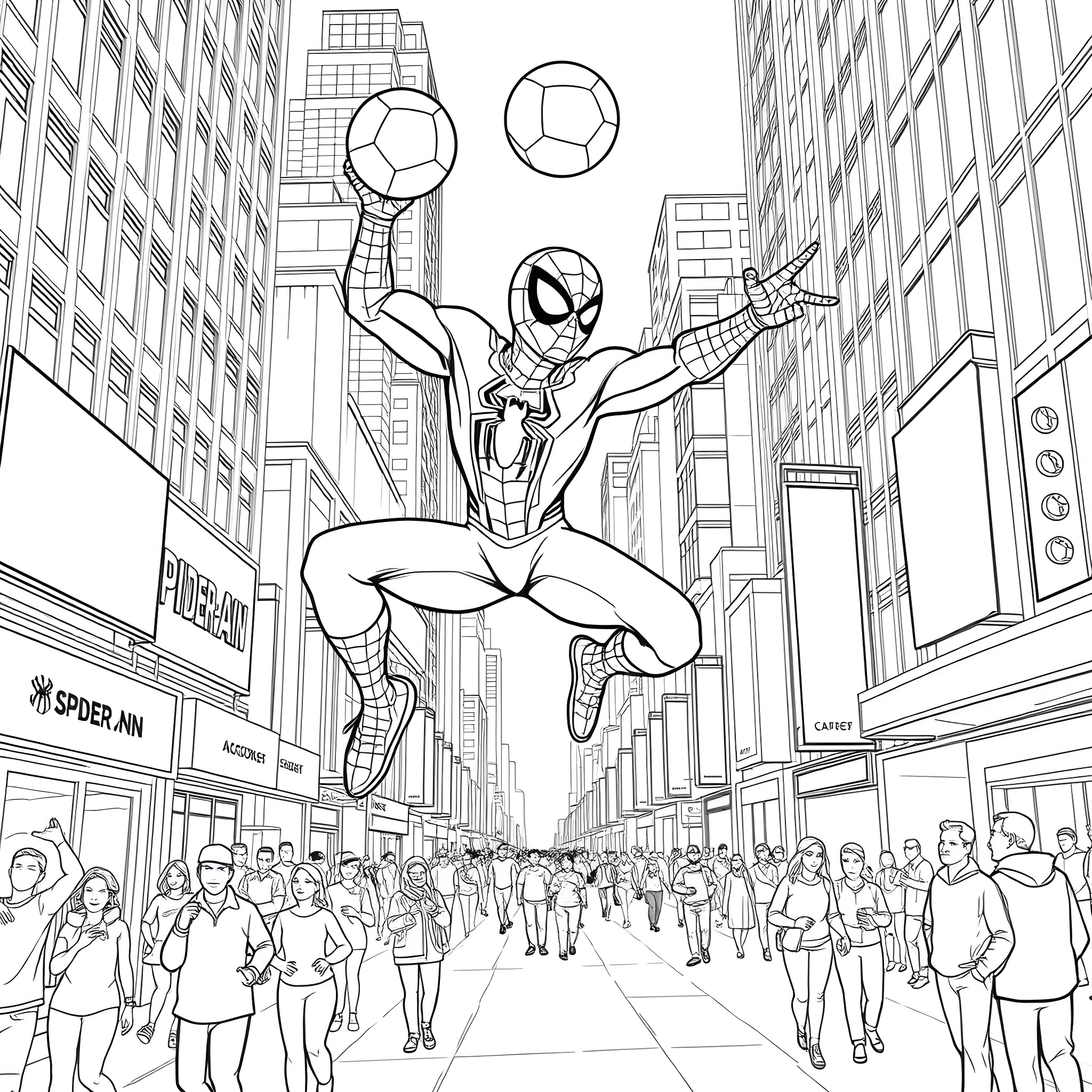 Spiderman performing acrobatic stunts in a crowded city Coloring Page (free black-and-white line drawing printable PDF for all, from beginners to advanced learners, including children, teens, adults, and seniors)