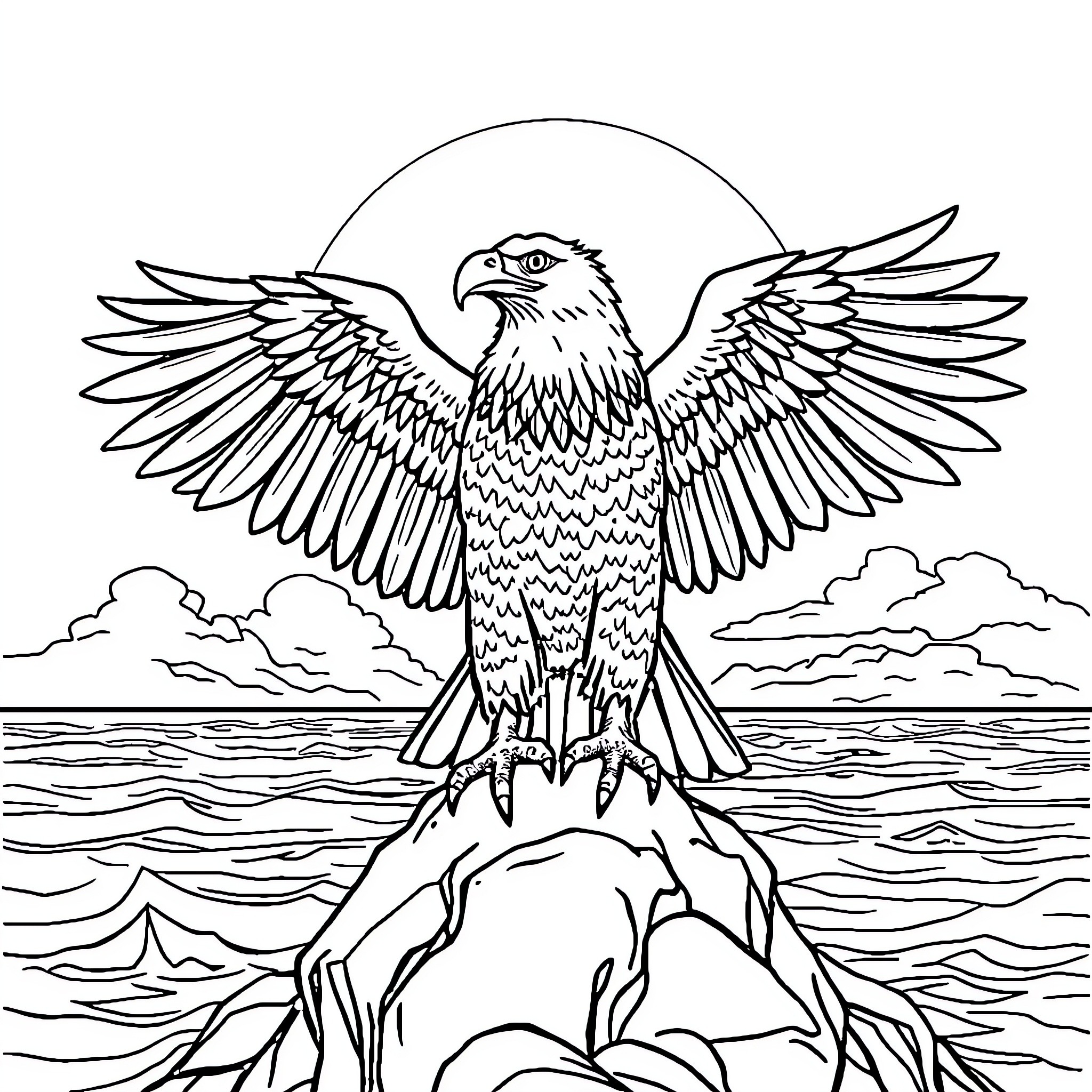 Eagle soaring majestically over the ocean Coloring Page (free black-and-white line drawing printable PDF for all, from beginners to advanced learners, including children, teens, adults, and seniors)