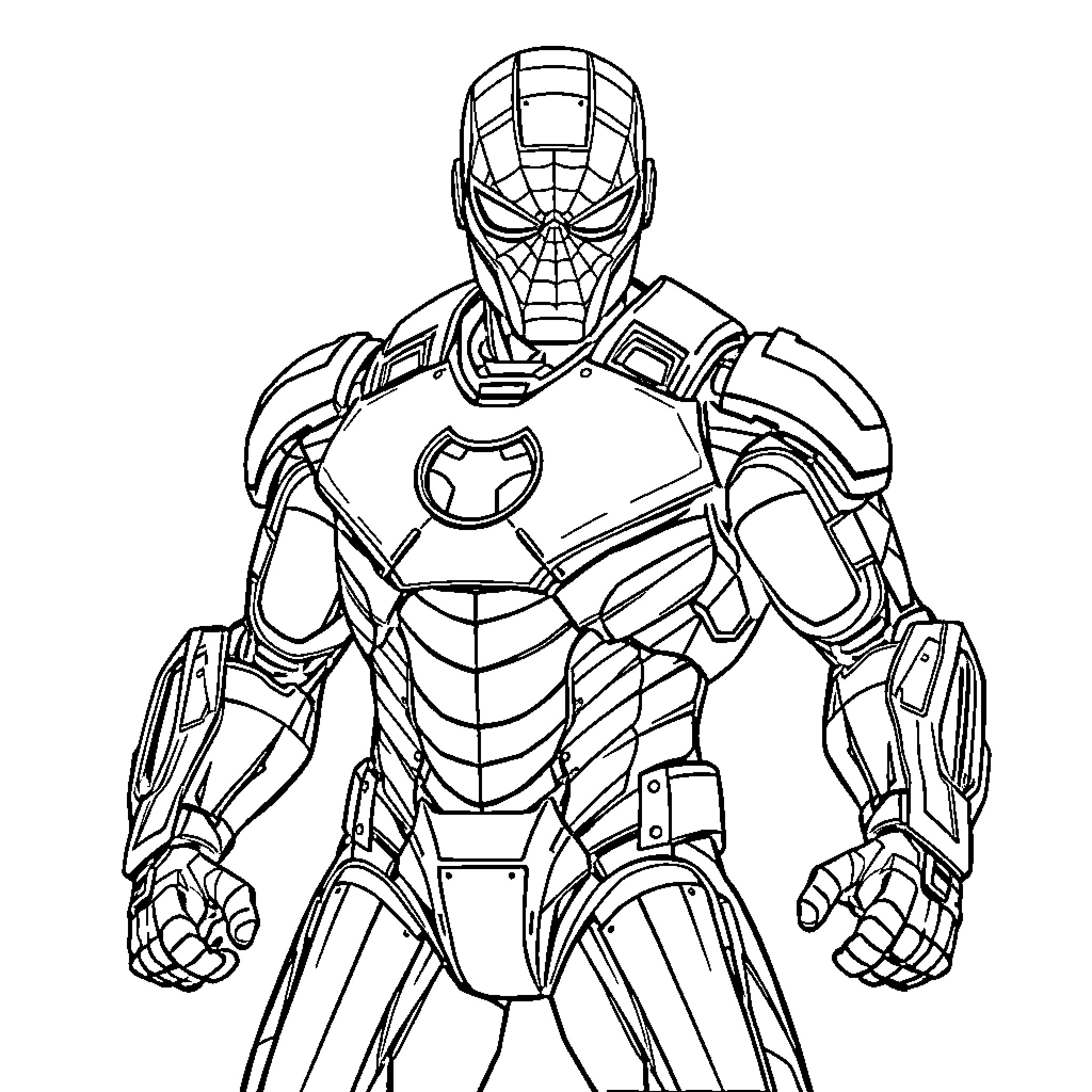 Iron Man in Heroic Stance with Advanced Suit Coloring Page (free black-and-white line drawing printable PDF for all, from beginners to advanced learners, including children, teens, adults, and seniors)