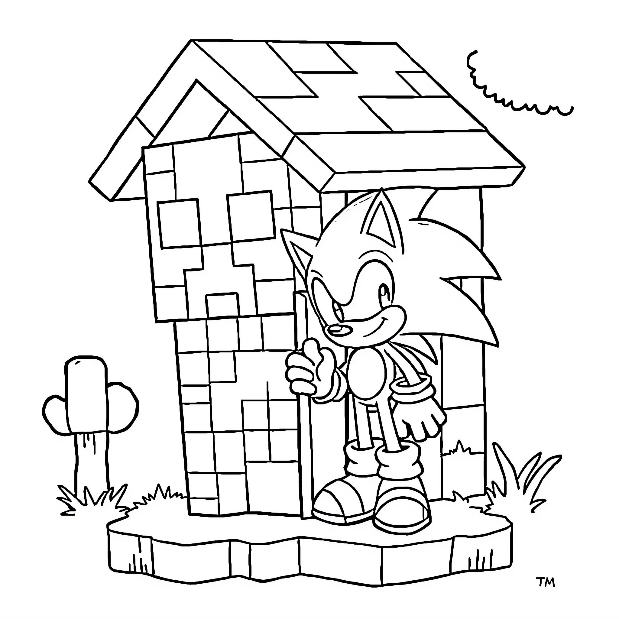Creeper Sonic exploring the geometric landscape Coloring Page (free black-and-white line drawing printable PDF for all, from beginners to advanced learners, including children, teens, adults, and seniors)