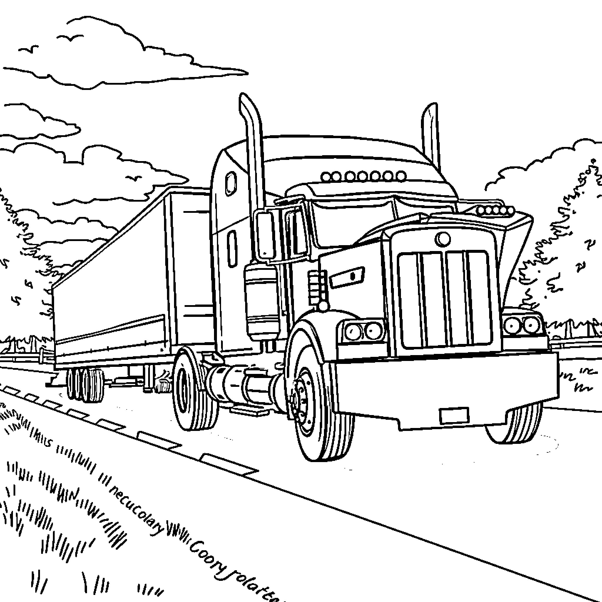 Truck on the open road Coloring Page (free black-and-white line drawing printable PDF for all, from beginners to advanced learners, including children, teens, adults, and seniors)