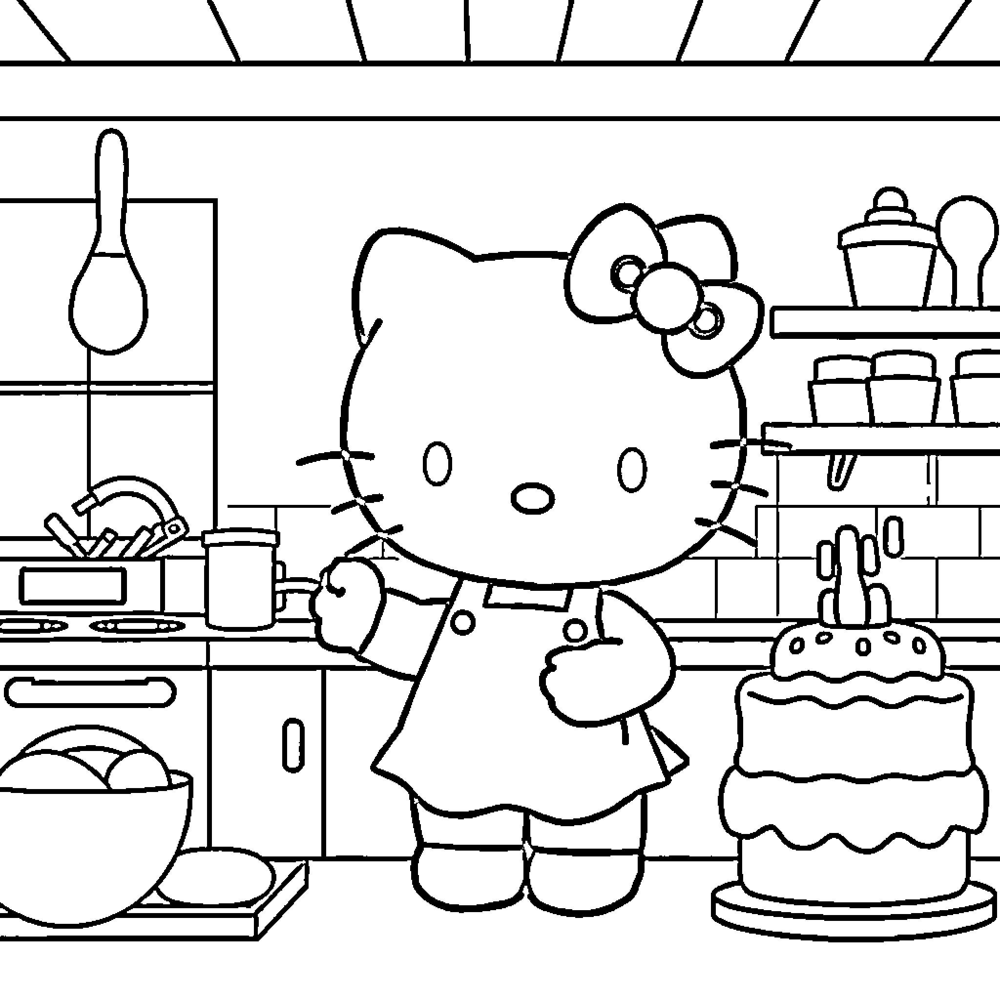 Hello Kitty Baking a Cake in the Kitchen Coloring Page (free black-and-white line drawing printable PDF for all, from beginners to advanced learners, including children, teens, adults, and seniors)