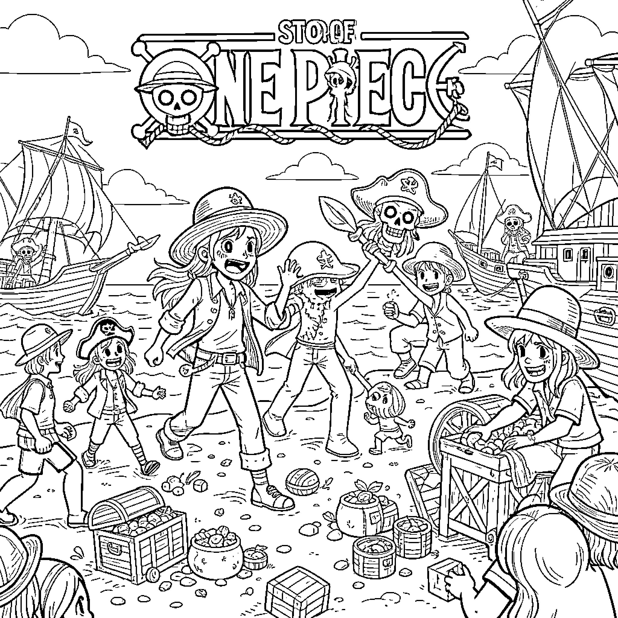 Peaceful characters celebrating on a sunny beach Coloring Page (free black-and-white line drawing printable PDF for all, from beginners to advanced learners, including children, teens, adults, and seniors)