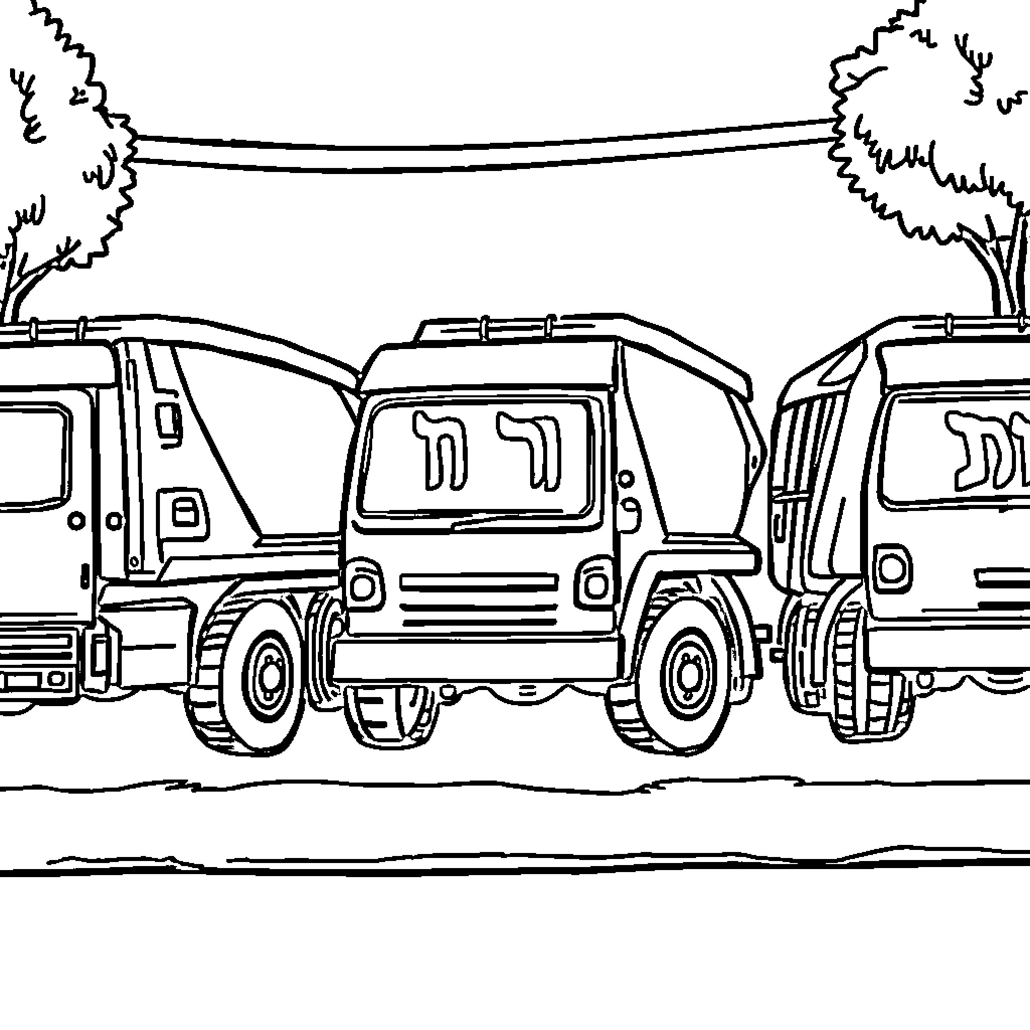 Garbage Trucks Lined Up in the City Coloring Page (free black-and-white line drawing printable PDF for all, from beginners to advanced learners, including children, teens, adults, and seniors)