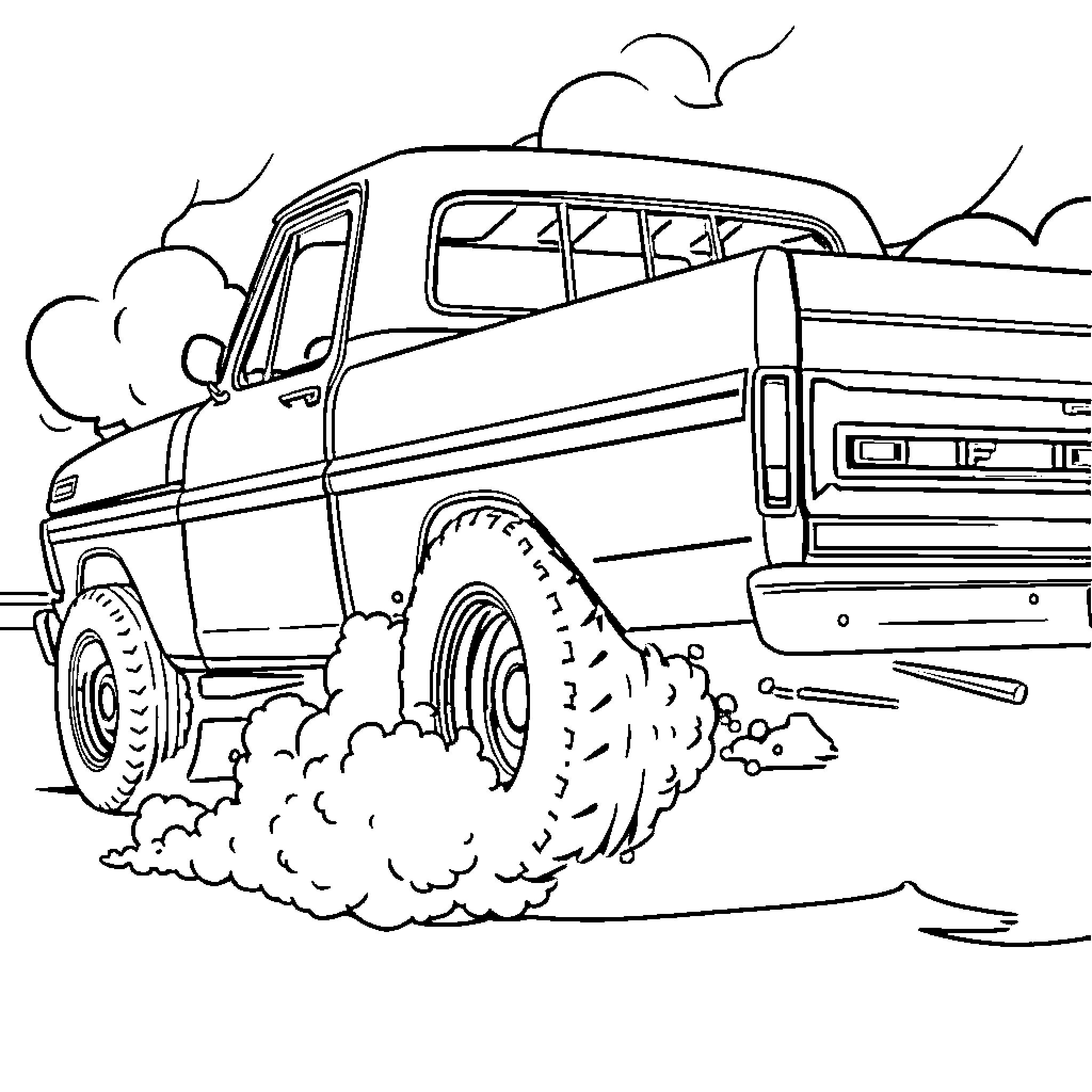 F100 Pickup Truck Driving Through Muddy Terrain Coloring Page (free black-and-white line drawing printable PDF for all, from beginners to advanced learners, including children, teens, adults, and seniors)