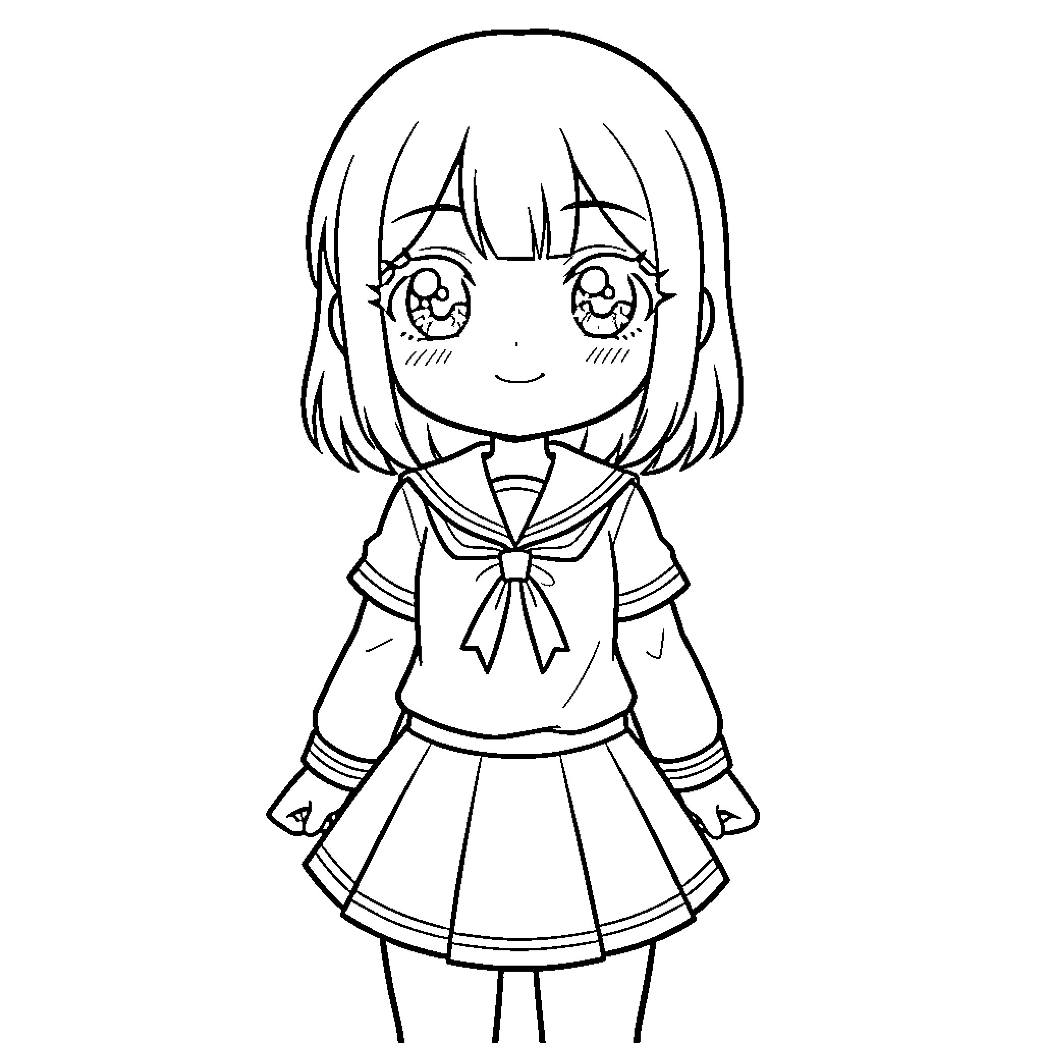 School Girl in Uniform with Cheerful Expression Coloring Page (free black-and-white line drawing printable PDF for all, from beginners to advanced learners, including children, teens, adults, and seniors)