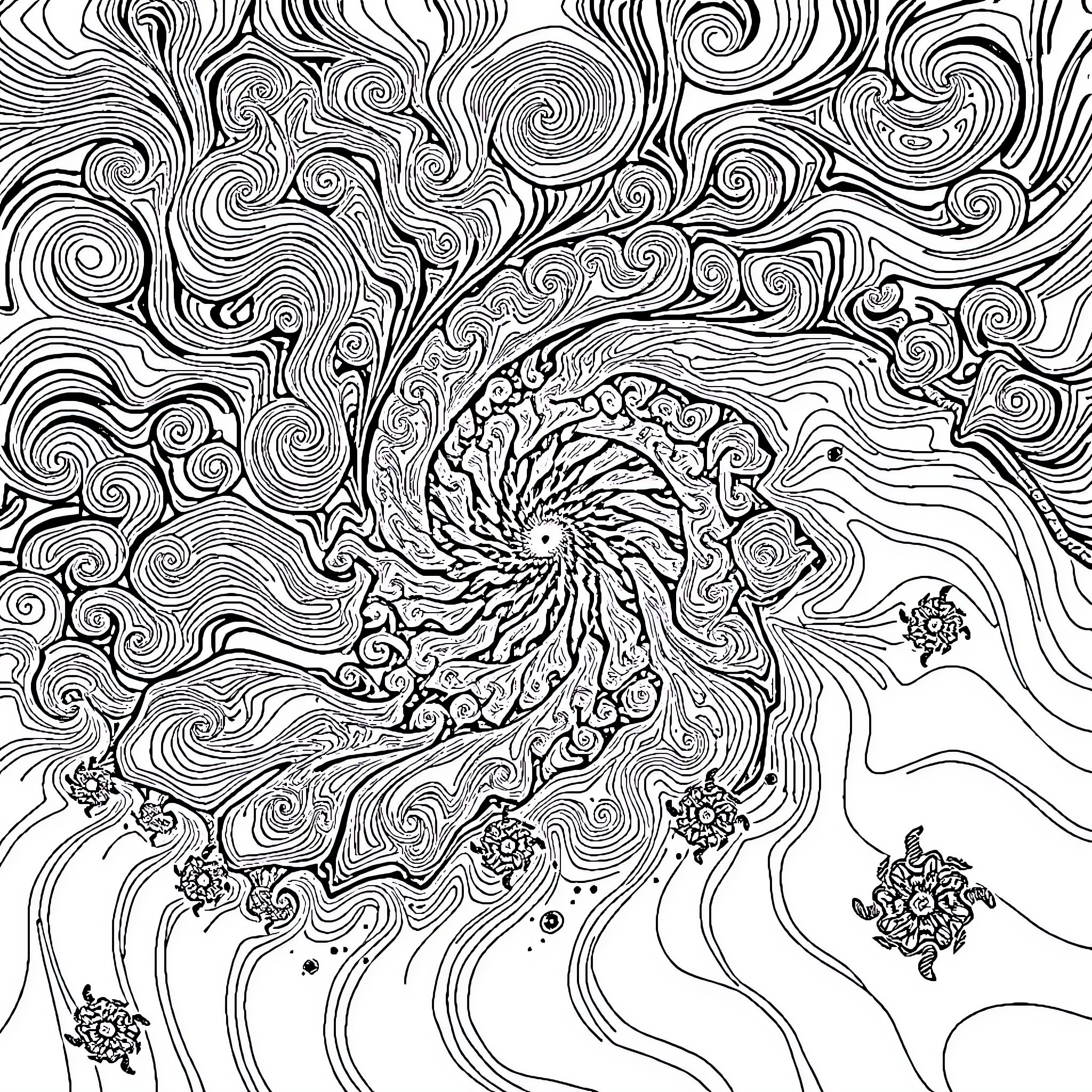 Fractal Swirling Shapes and Patterns Coloring Page (free black-and-white line drawing printable PDF for all, from beginners to advanced learners, including children, teens, adults, and seniors)