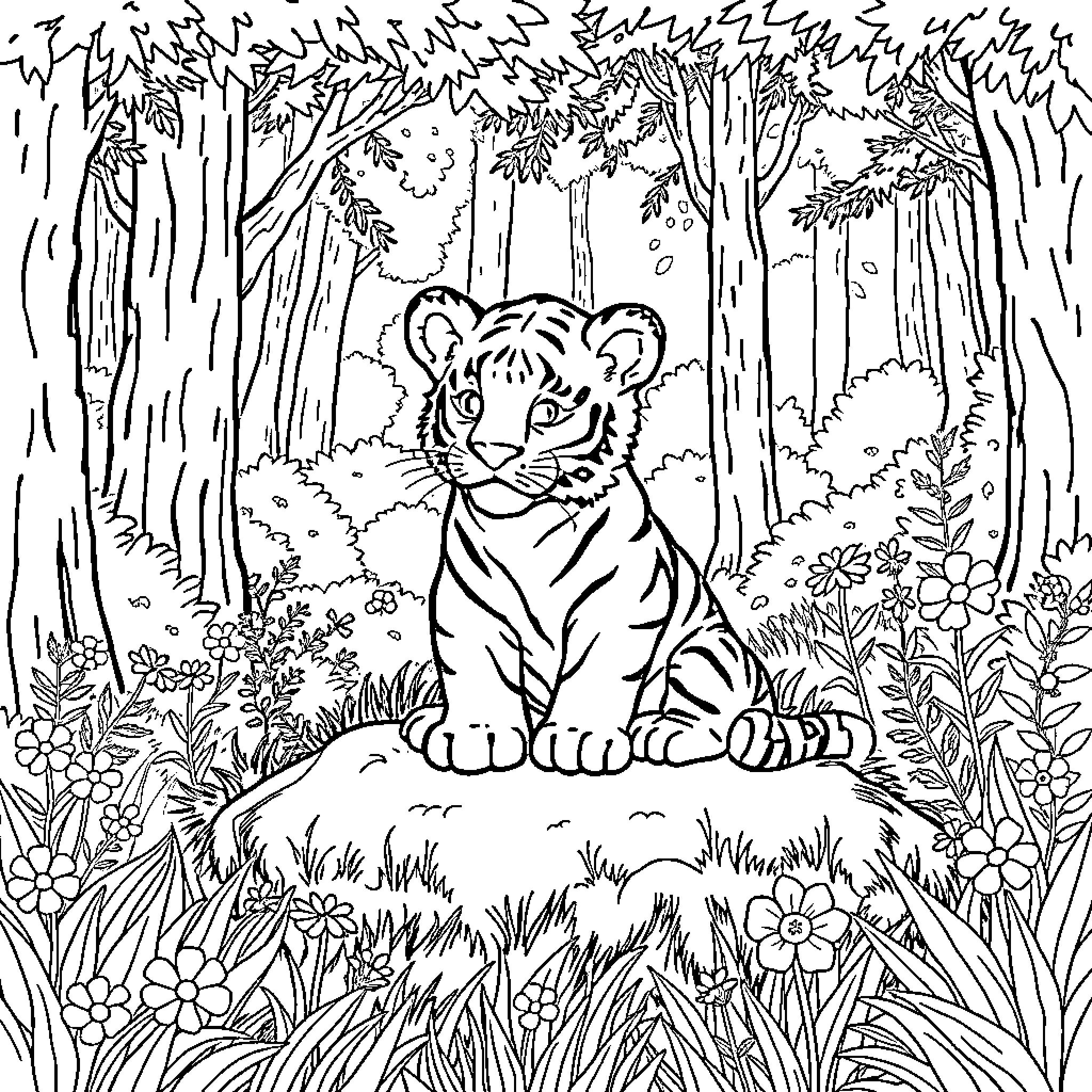 Tiger Resting in Lush Forest Clearing Coloring Page (free black-and-white line drawing printable PDF for all, from beginners to advanced learners, including children, teens, adults, and seniors)