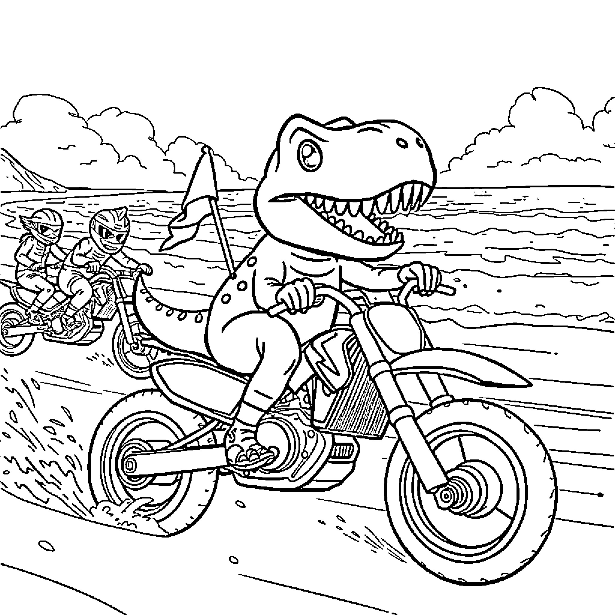 Baby T-Rex riding motorcycle on the beach Coloring Page (free black-and-white line drawing printable PDF for all, from beginners to advanced learners, including children, teens, adults, and seniors)