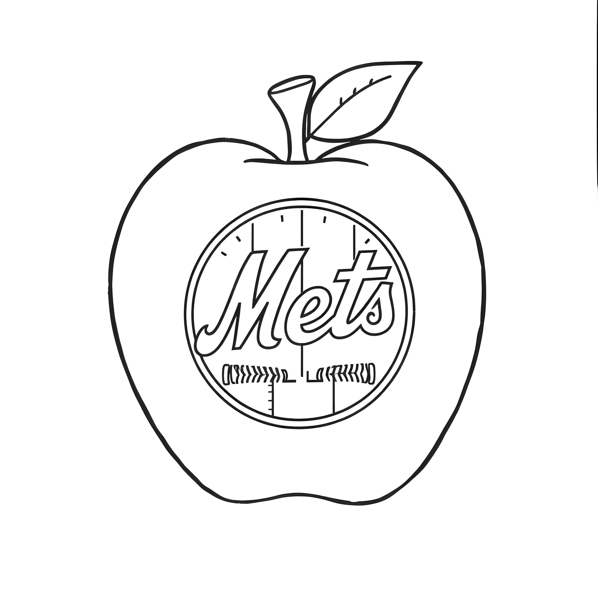 Apple-shaped logo with Mets text Coloring Page (free black-and-white line drawing printable PDF for all, from beginners to advanced learners, including children, teens, adults, and seniors)