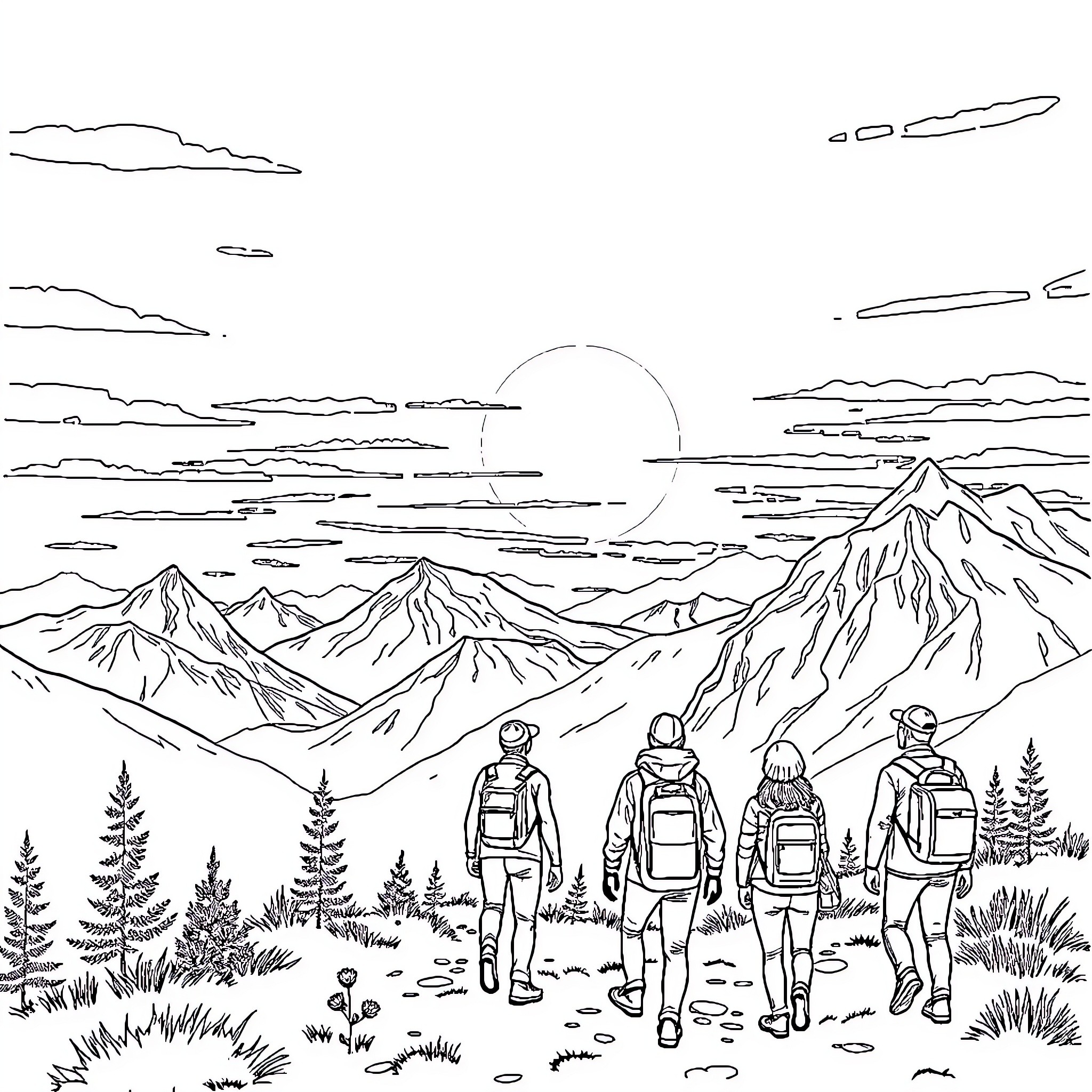 Sunset Hikers Exploring Majestic Mountain Landscape Coloring Page (free black-and-white line drawing printable PDF for all, from beginners to advanced learners, including children, teens, adults, and seniors)