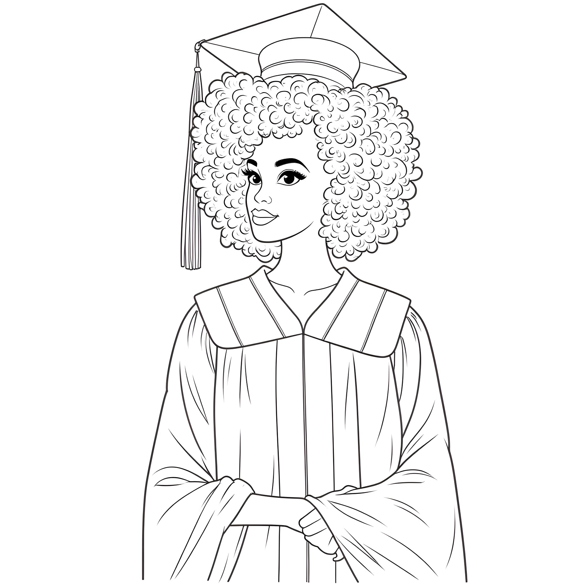Woman in graduation gown and cap Coloring Page (free black-and-white line drawing printable PDF for all, from beginners to advanced learners, including children, teens, adults, and seniors)