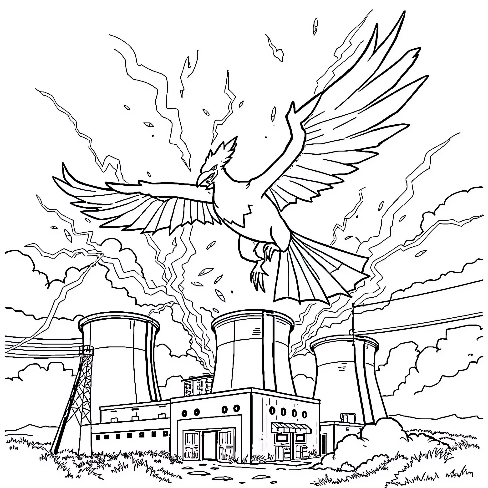 Zapdos Unleashing Thunderous Energy at Power Plant Coloring Page (free black-and-white line drawing printable PDF for all, from beginners to advanced learners, including children, teens, adults, and seniors)
