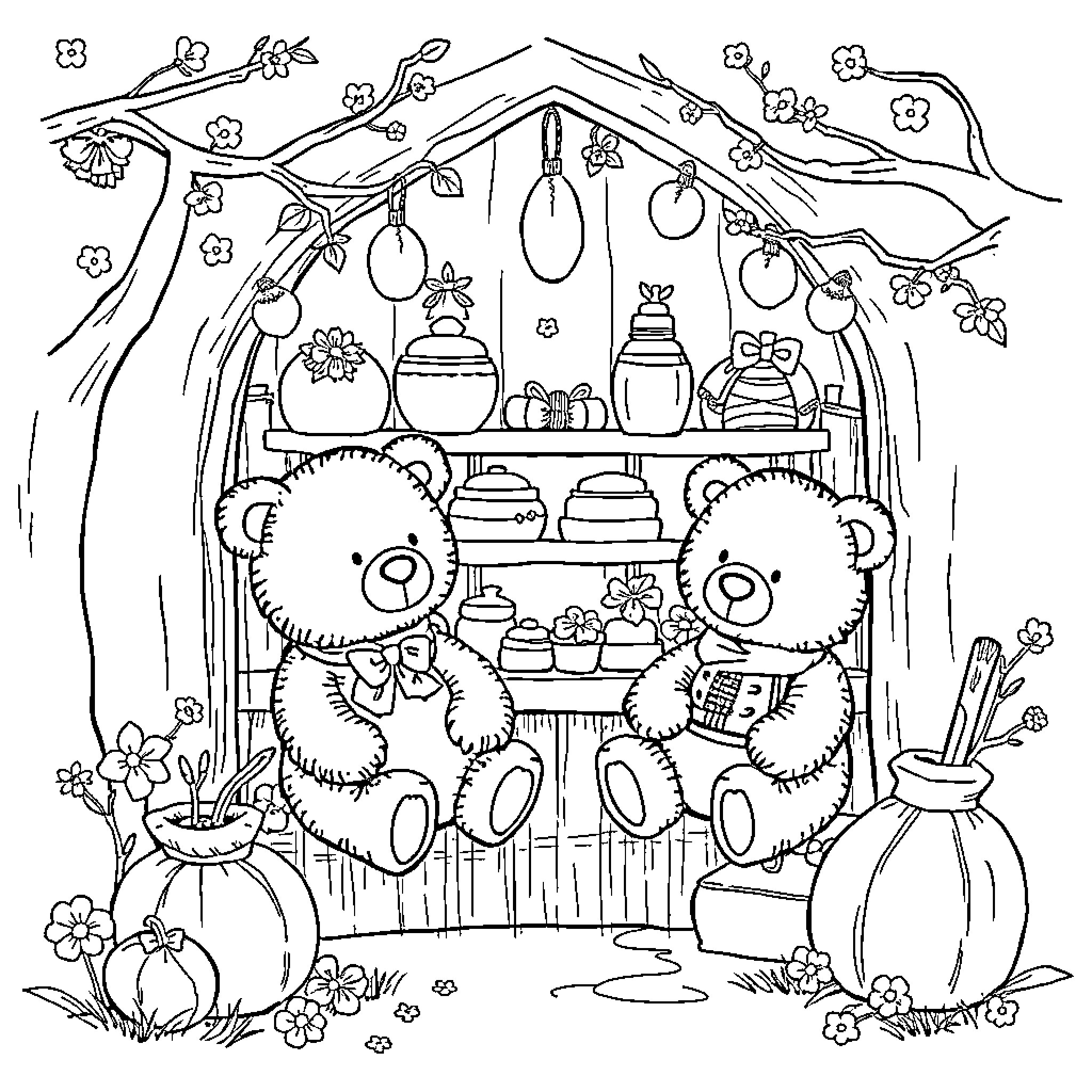 Bee-utiful Storefront Display with Adorable Teddy Bears Coloring Page (free black-and-white line drawing printable PDF for all, from beginners to advanced learners, including children, teens, adults, and seniors)