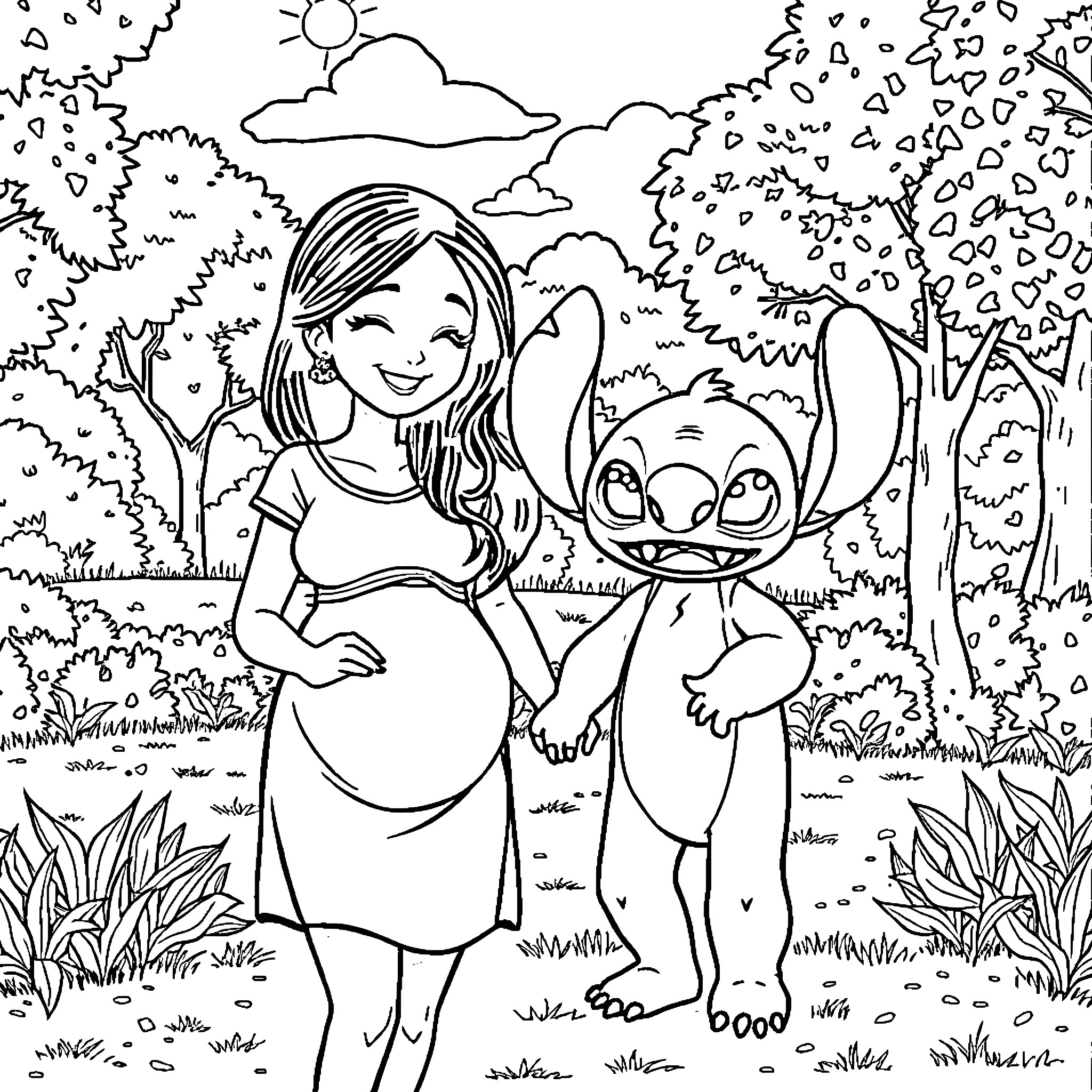 Nani and her Friendly Companion in Nature Coloring Page (free black-and-white line drawing printable PDF for all, from beginners to advanced learners, including children, teens, adults, and seniors)