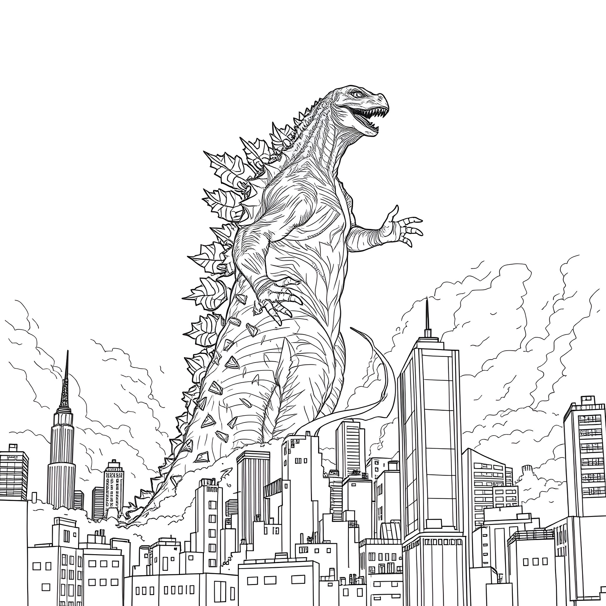 Godzilla rampaging through the city skyline Coloring Page (free black-and-white line drawing printable PDF for all, from beginners to advanced learners, including children, teens, adults, and seniors)